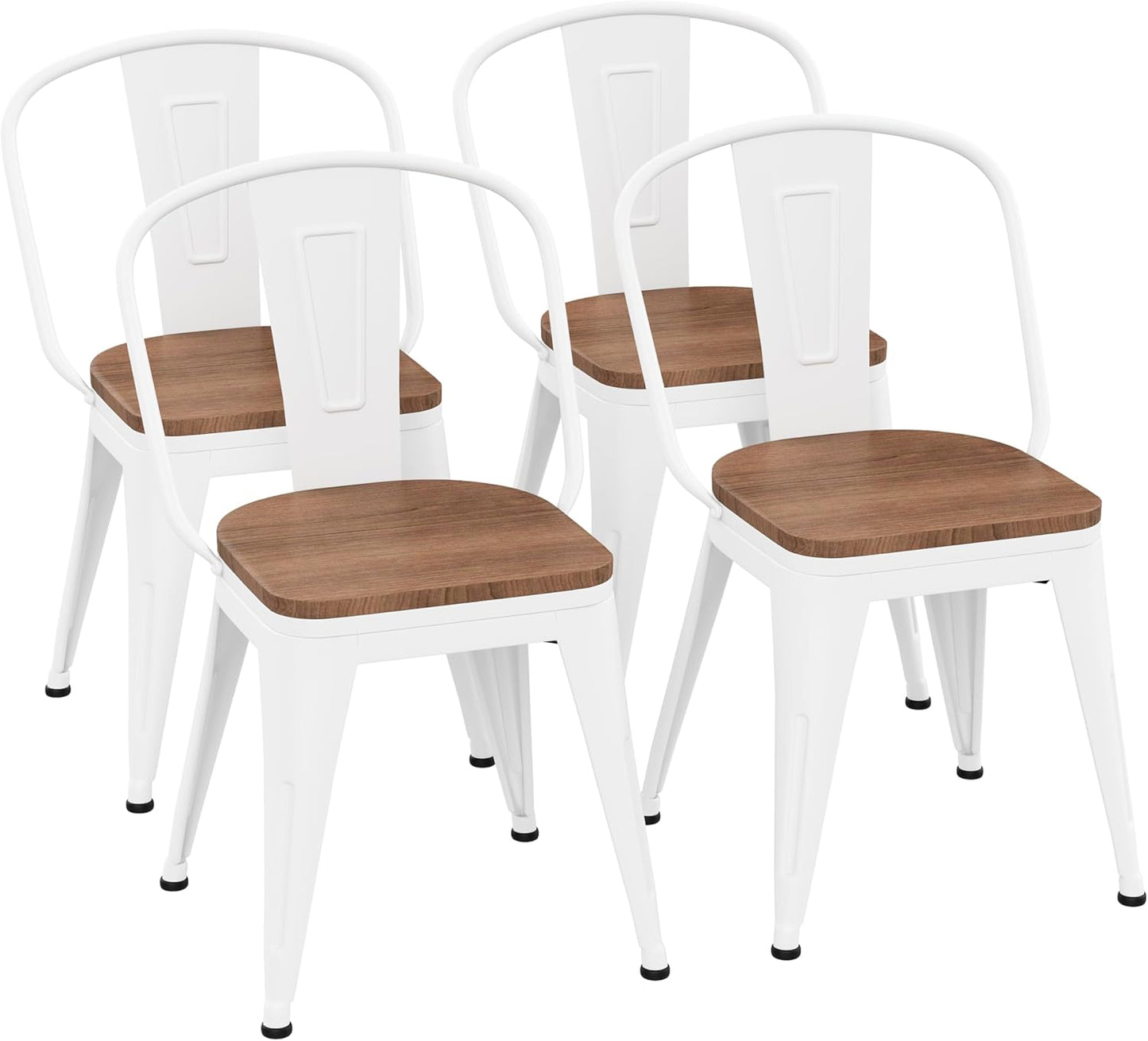18 Inch Metal Dining Chairs,Arlunar Farmhouse Chairs Set of 4 White Dining Room Chairs Stackable with Back and Wooden Seat bar stools