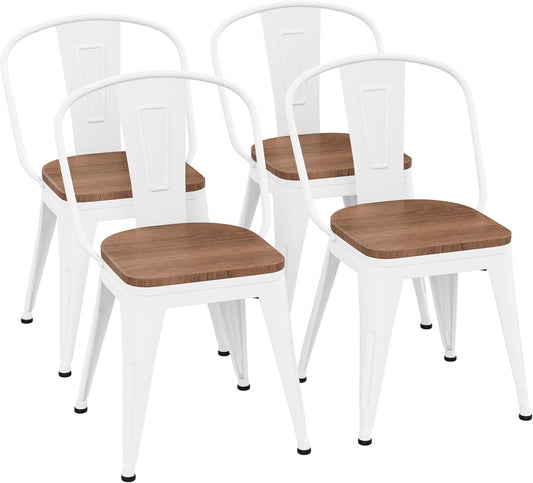 18 Inch Metal Dining Chairs,Arlunar Farmhouse Chairs Set of 4 White Dining Room Chairs Stackable with Back and Wooden Seat bar stools