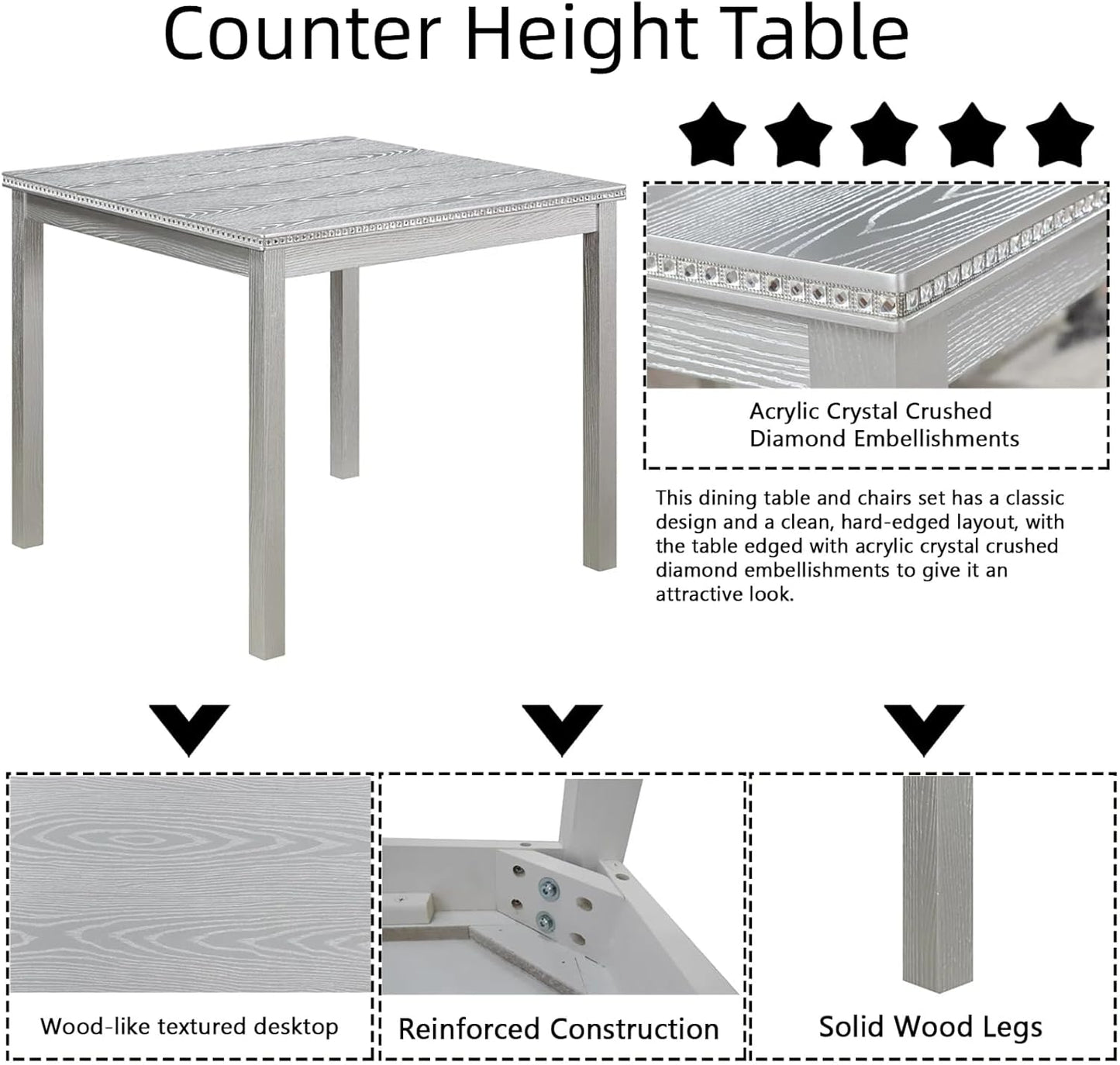 Dining Table Set for 4, 5-Piece Dining Room Table Set with Square Crystal Decoration Table & 4 Upholstered Backrest Chairs, Counter Height Kitchen Sets with Faux Wood Grain Design, Grey