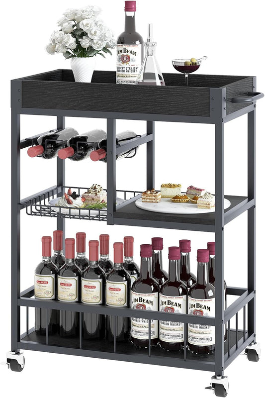 Bar Cart with Basket 3 Tiers Home Rolling Wine Rack with Wheels Mobile Kitchen Industrial Vintage Style Wood Metal Serving Trolley Serving Cart,Black Frame Home Kitchen Shelf for Party