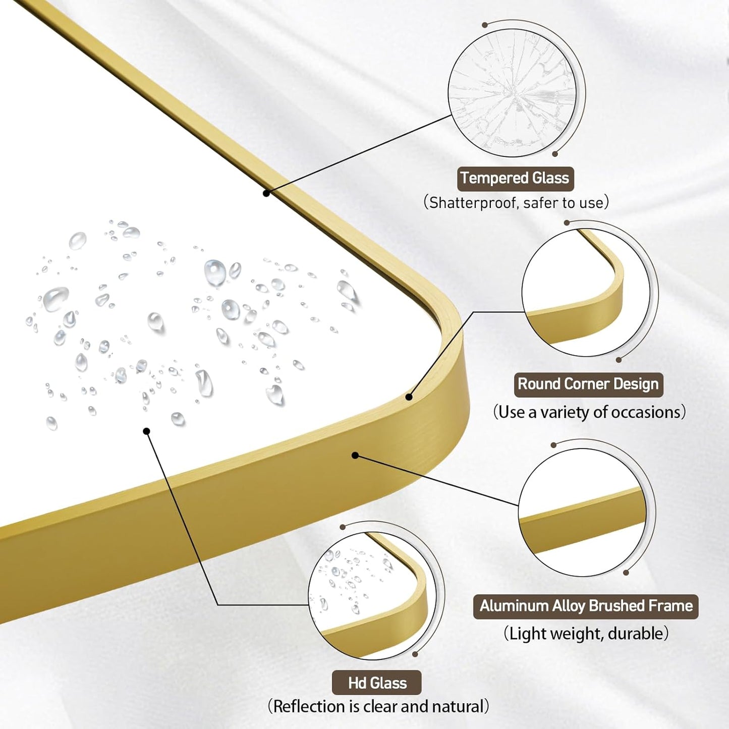 Matte Gold Mirror, 48x30 Inch Brushed Gold Mirror, Aluminum Alloy Framed Vanity Mirror, Rounded Rectangle Bathroom Mirror for Over Sink, Anti-Rust Wall Mirror (Horizontally or Vertically)