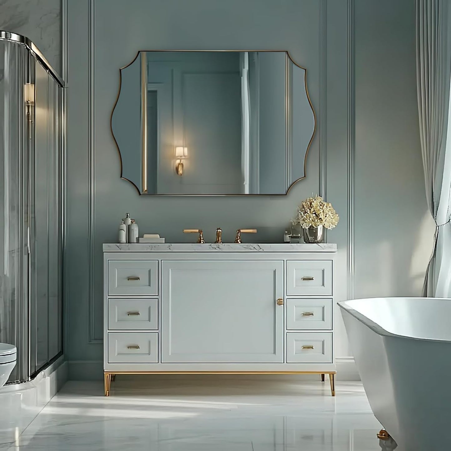 ANDY STAR 30x48 Inch Gold Bathroom Mirror, Large Brushed Gold Rectangle Mirror, Antique Brass Mirror in Rust-Proof Stainless Steel 1" Frame, Unique Wavy Frame Design, Vertically/Horizontally