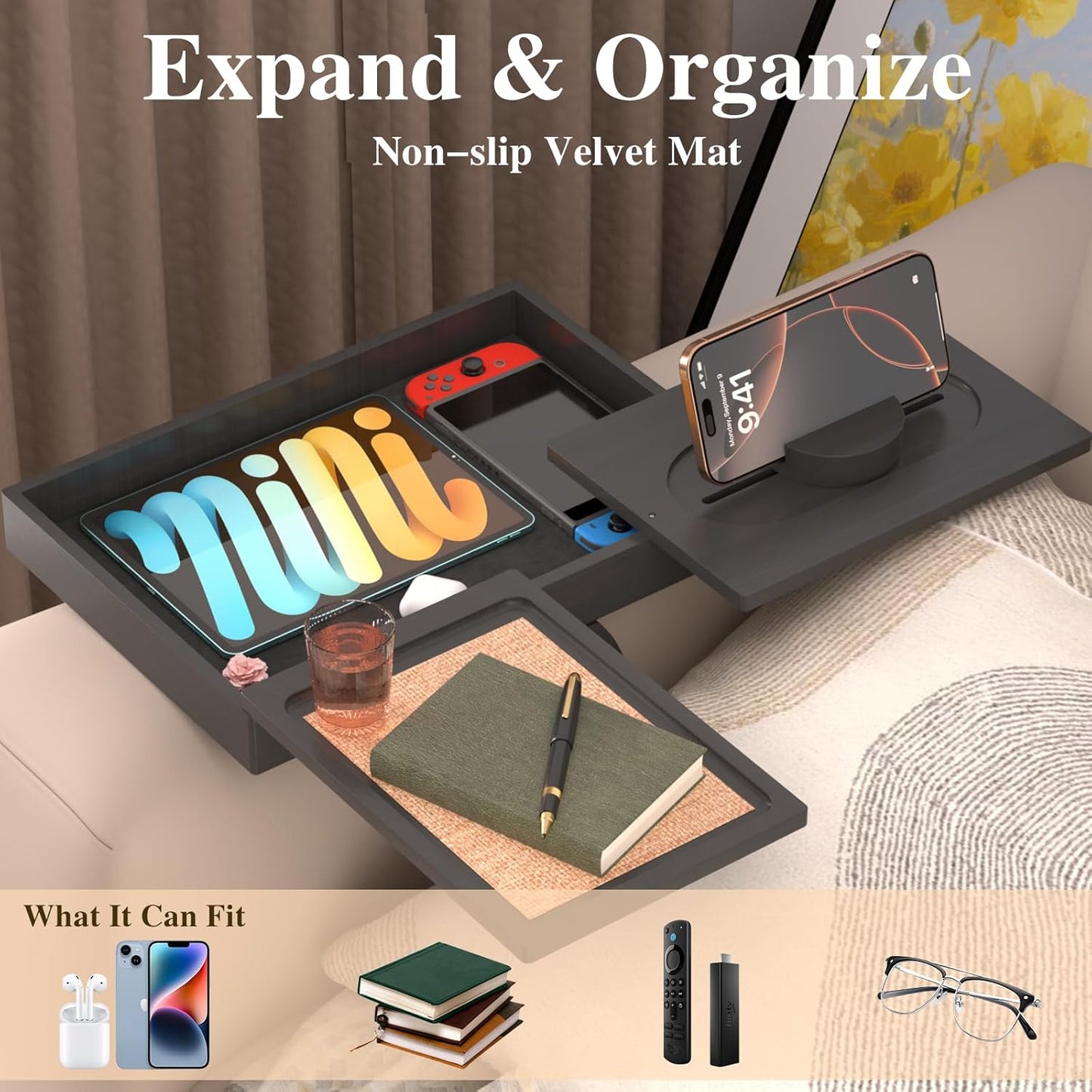 Bamboo Couch Armrest Table with Couch Cup Rest,Non-Slip Armrest Tray Table for Couch,Adjustable Sofa Table with Rotating Phone Holder,Perfect for Living Room and Dining,Black