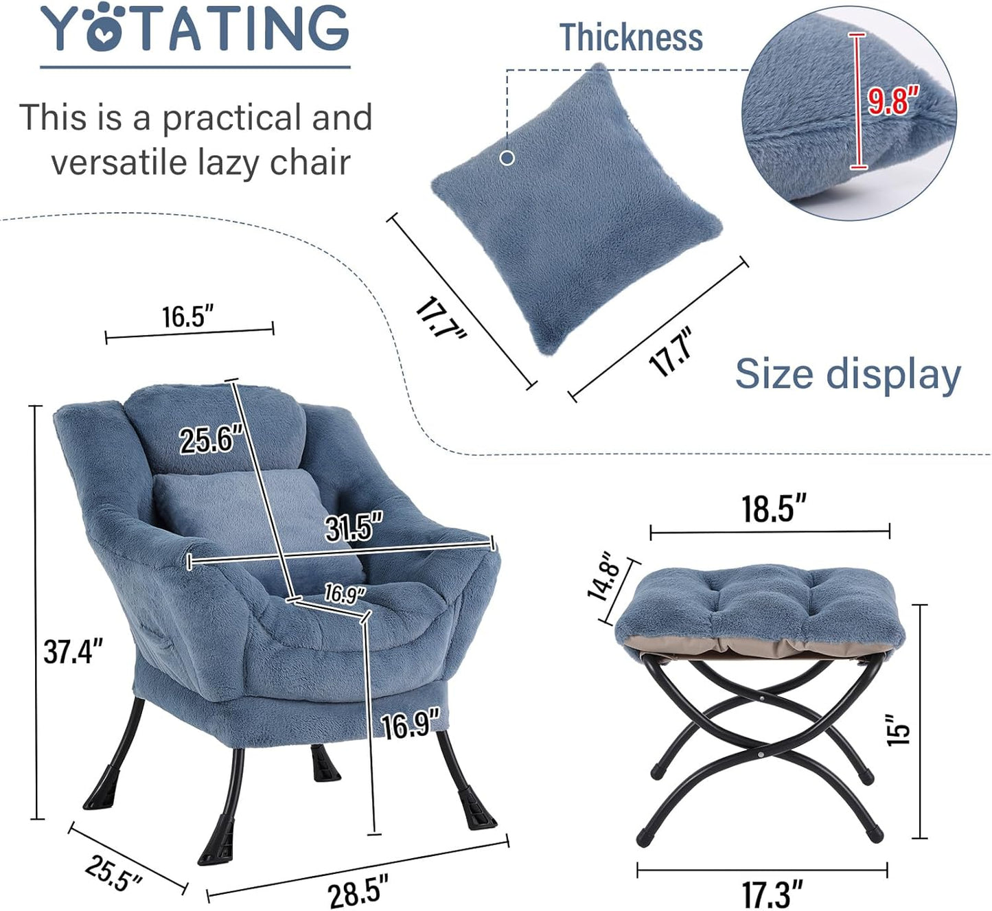 Lazy Chair with Ottoman, Comfy Reading Lounge Chair with Footstool & Throw Pillow Modern with Armrests & Side Pocket for Living Room, Bedroom, Dorm Room, Plush Light Blue