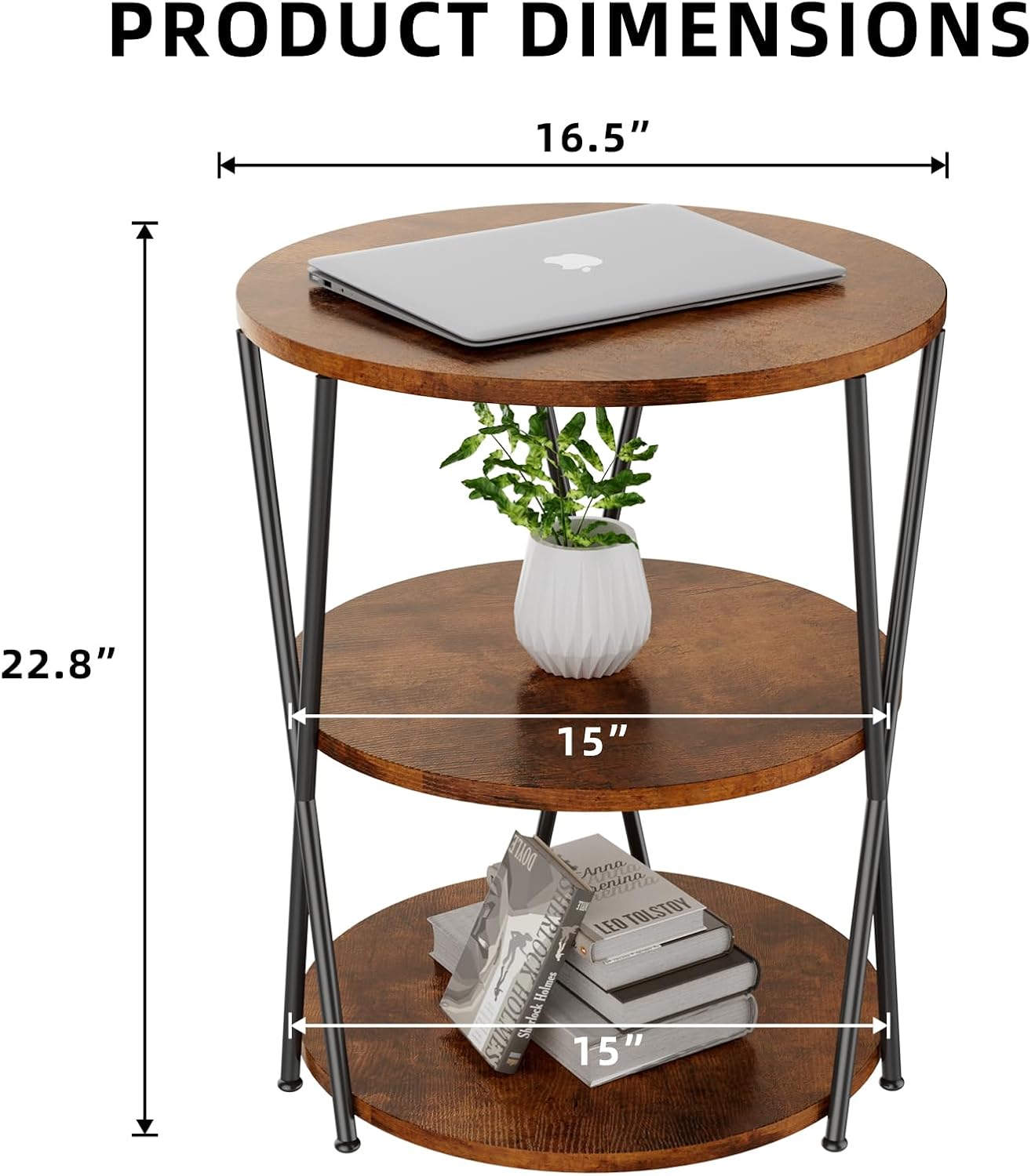 Big Side Table, 3-Tier Large Size Round End Table with X-Leg Design, Nightstand Bedside Table for Living Room, Bedroom, Drink Table Coffee Table for Patio, Indoor Outdoor Use, 16.5''x16.5''x22.8''