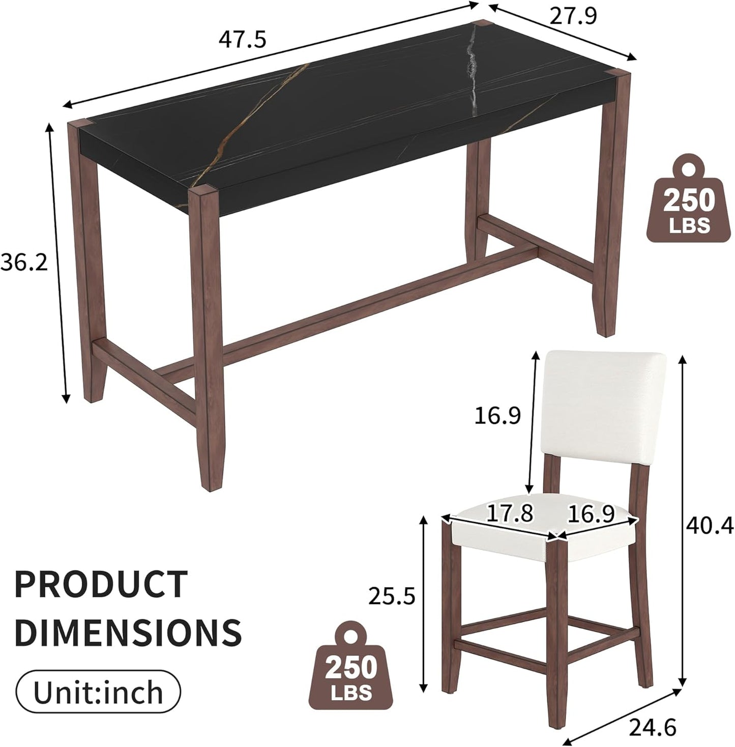 Ball & Cast 5-Piece Dining Table Set for 4,Kitchen Table Set W/Faux Marble Bar Table,Counter Height Living Room Furniture W/ 4 Upholstered Chairs,for Dining Room,Pub Kitchen,Small Place,Black+Beige