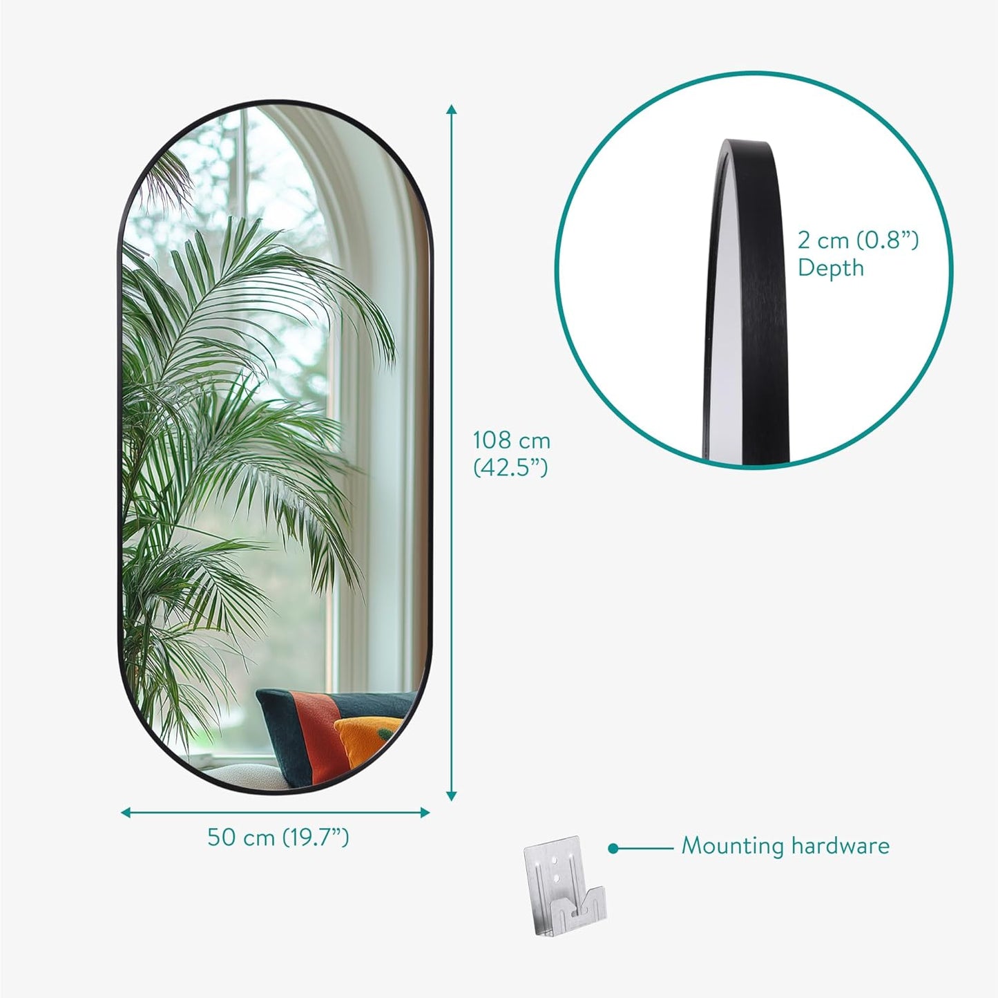Navaris Full Length Arch Mirror, Black - Large Size for Complete Reflection - Mirrors for Bedroom, Living Room, Bathroom or Hallway - Wall Hanging or Free Standing on Floor Option
