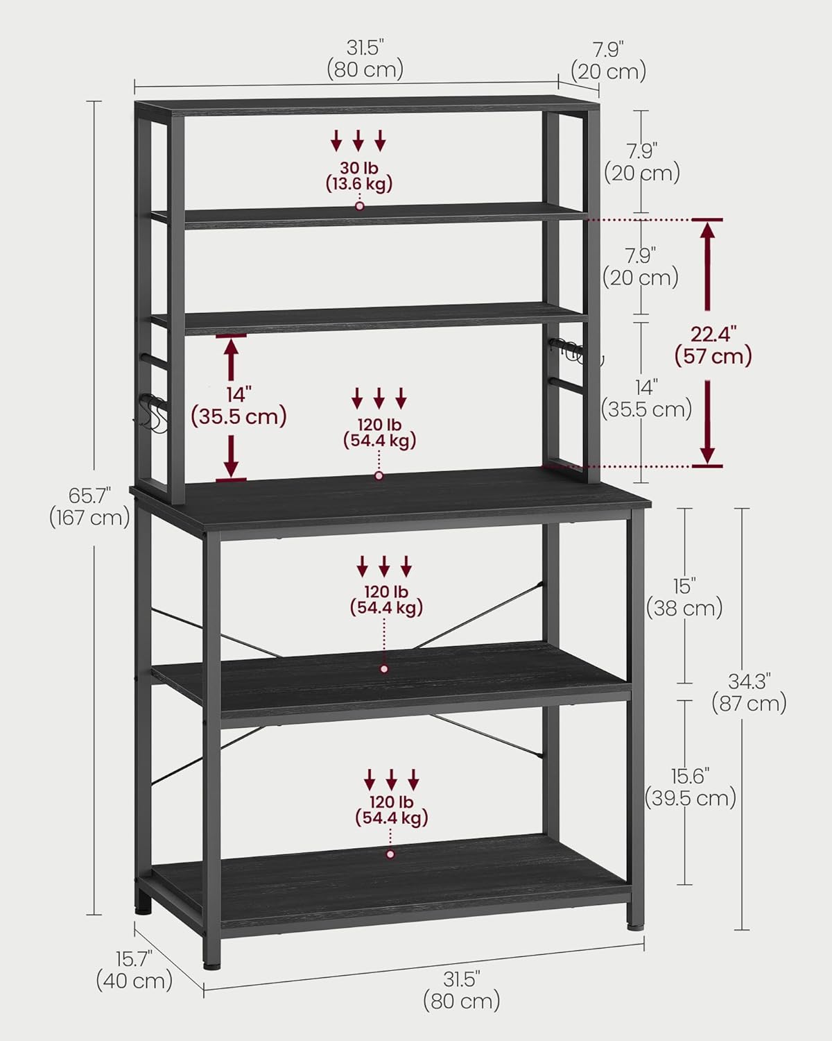 VASAGLE Coffee Bar, 31.5 Inches Baker's Rack for Kitchen with Storage, 6-Tier Kitchen Shelves with 6 Hooks, Microwave Stand, Industrial, Charcoal Gray and Black UKKS019B22