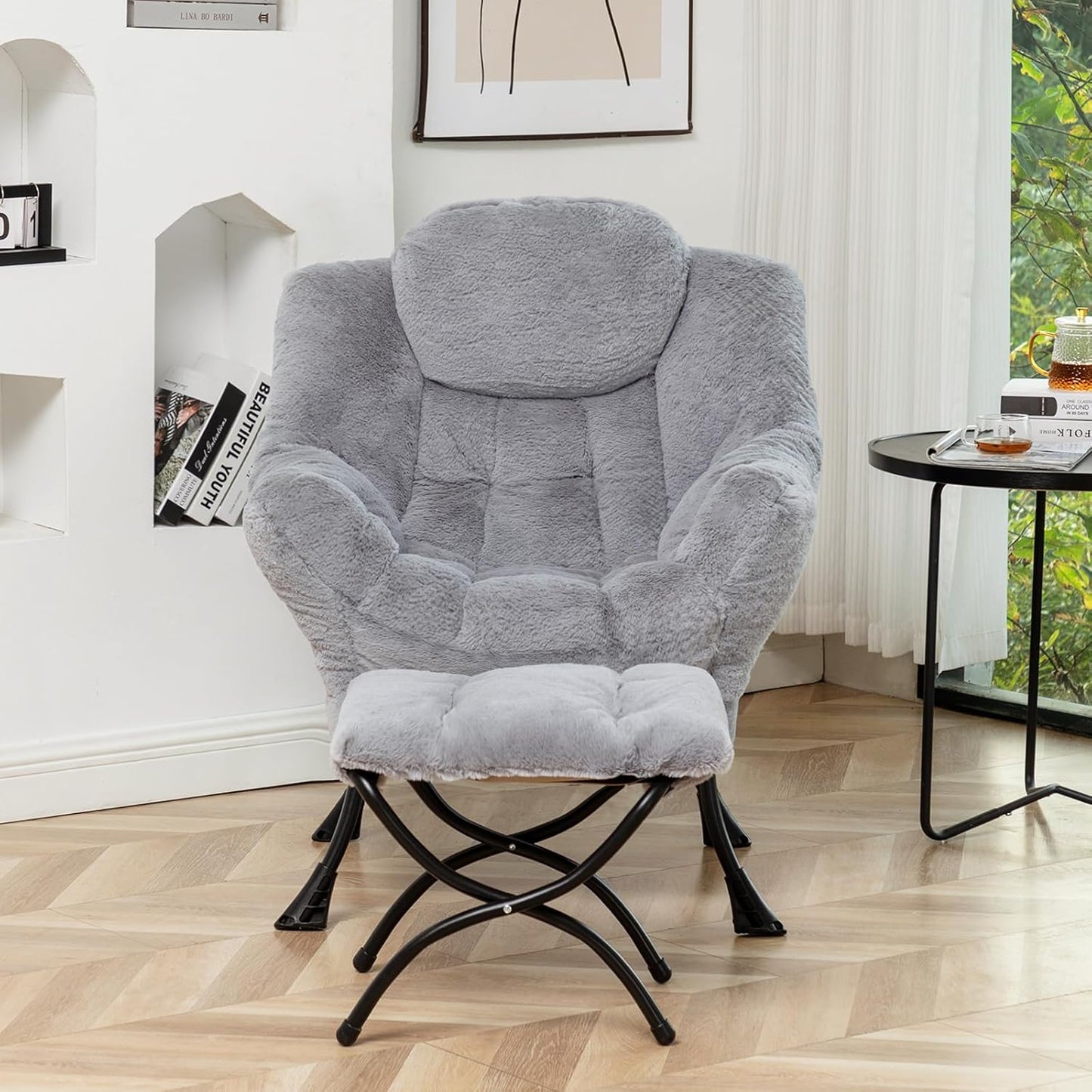 Lazy Chair with Ottoman, Modern Accent Lounge Leisure Sofa with Armrests, Reading Chair and Folding Footstool for Living Room, Bedroom, Office, Plush Grey