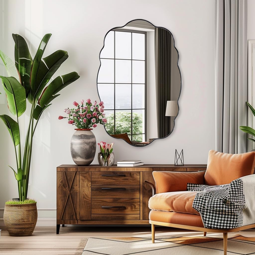 ANDY STAR Matte Black Scalloped Wall Mirror -24x36 Irregular Bathroom Vanity Mirror for Vanity, Living Room & Entryway, Anti Rust Stainless Steel Wall Mount Horizontal or Vertical