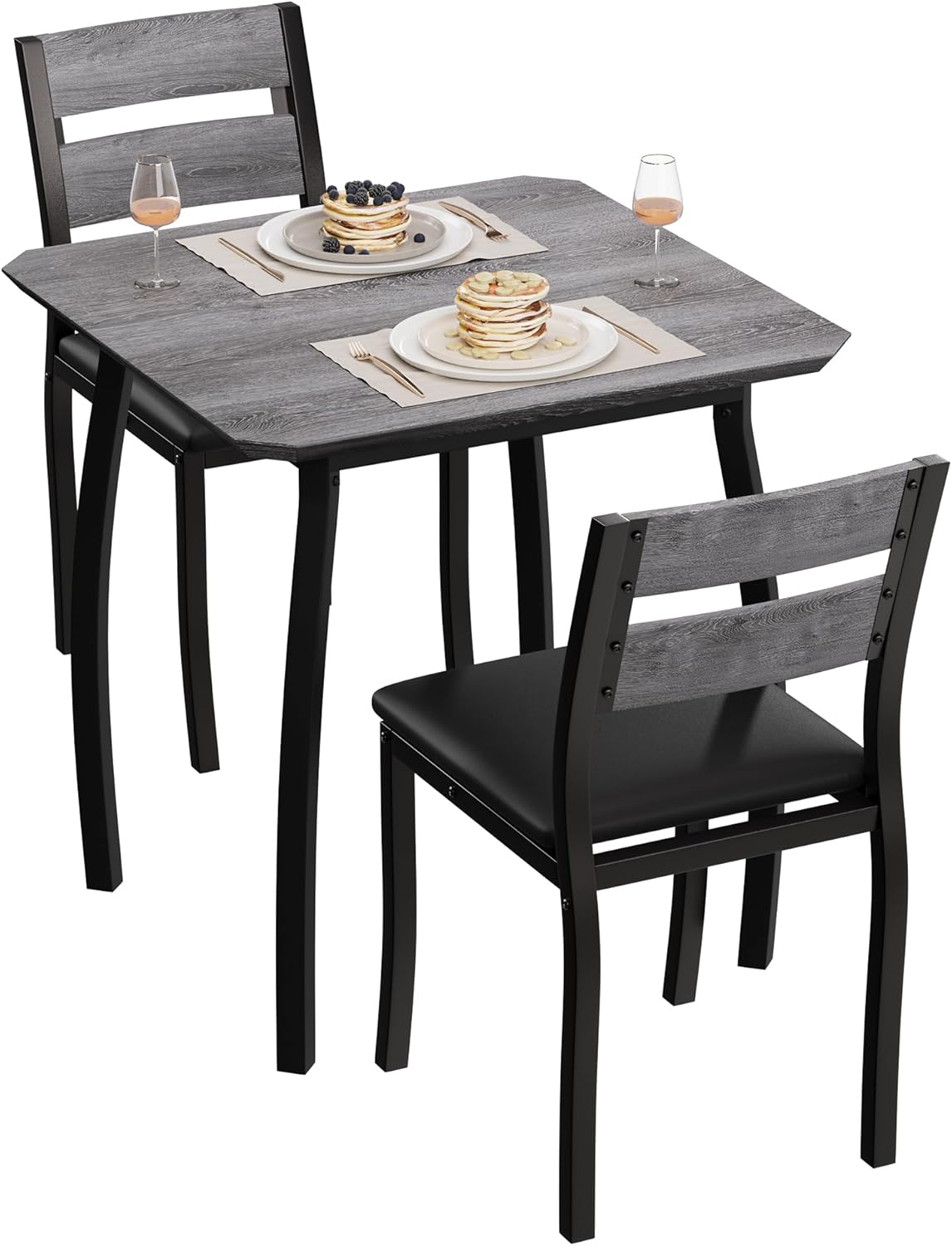 Small Dining Table Set for 2,3-Piece Kitchen Table Set with Thick Wood Grain Tabletop & 2 Upholstered Chairs & Metal Frame, Compact Table Set for Small Spaces, Kitchens & Dining Rooms (Grey)