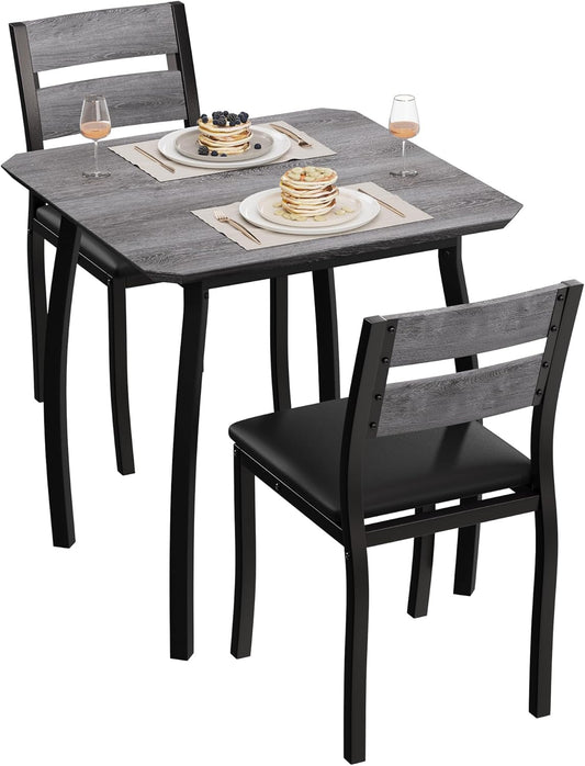 Small Dining Table Set for 2,3-Piece Kitchen Table Set with Thick Wood Grain Tabletop & 2 Upholstered Chairs & Metal Frame, Compact Table Set for Small Spaces, Kitchens & Dining Rooms (Grey)