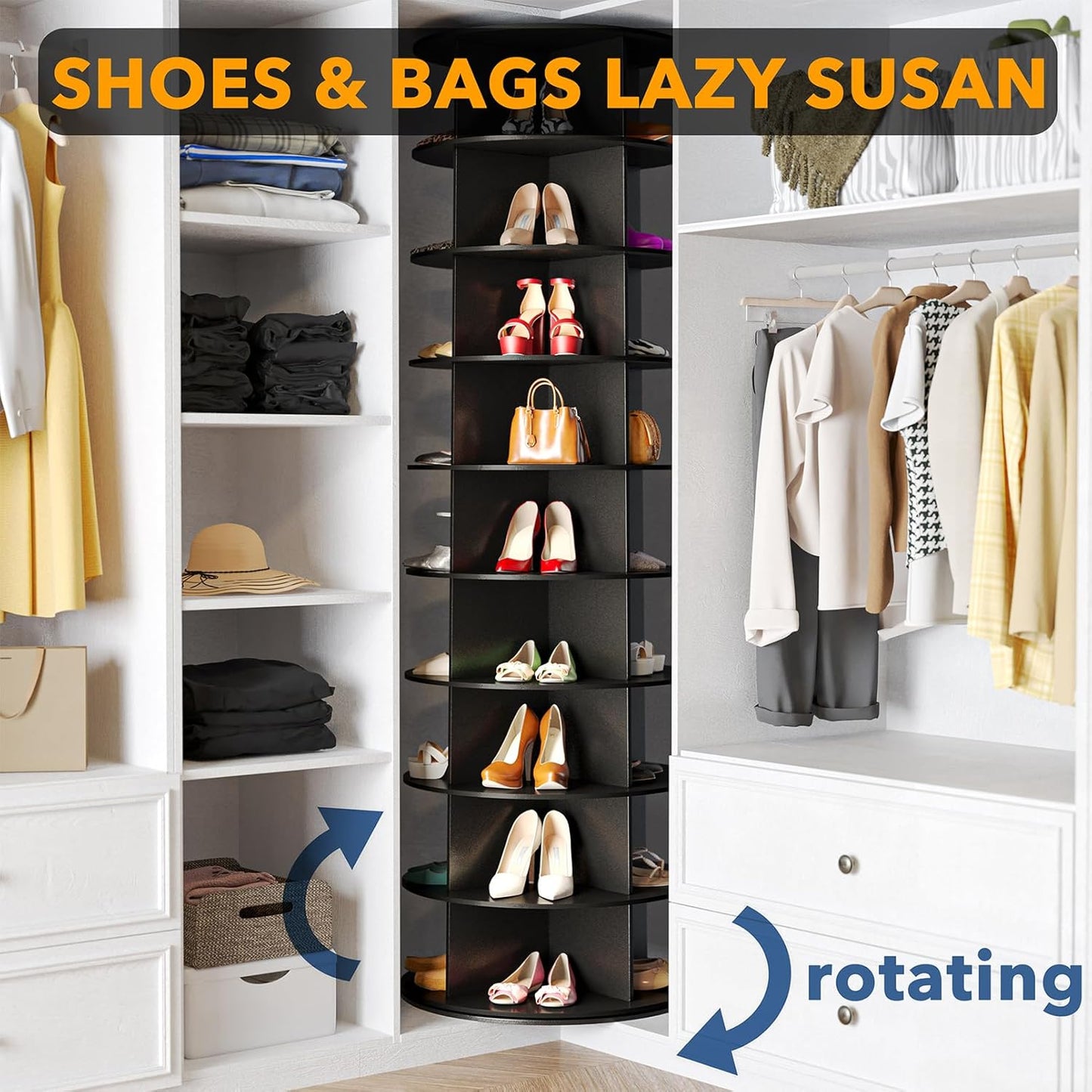 SpaceAid 9 Tier Rotating Shoe Rack Tower, Spinning Shoe Display Lazy Susan, Revolving 360 Shoe Rack Storage Round Carousel, Vertical Handbag Rotate Shoes Closet Organization (9-Tier Black)