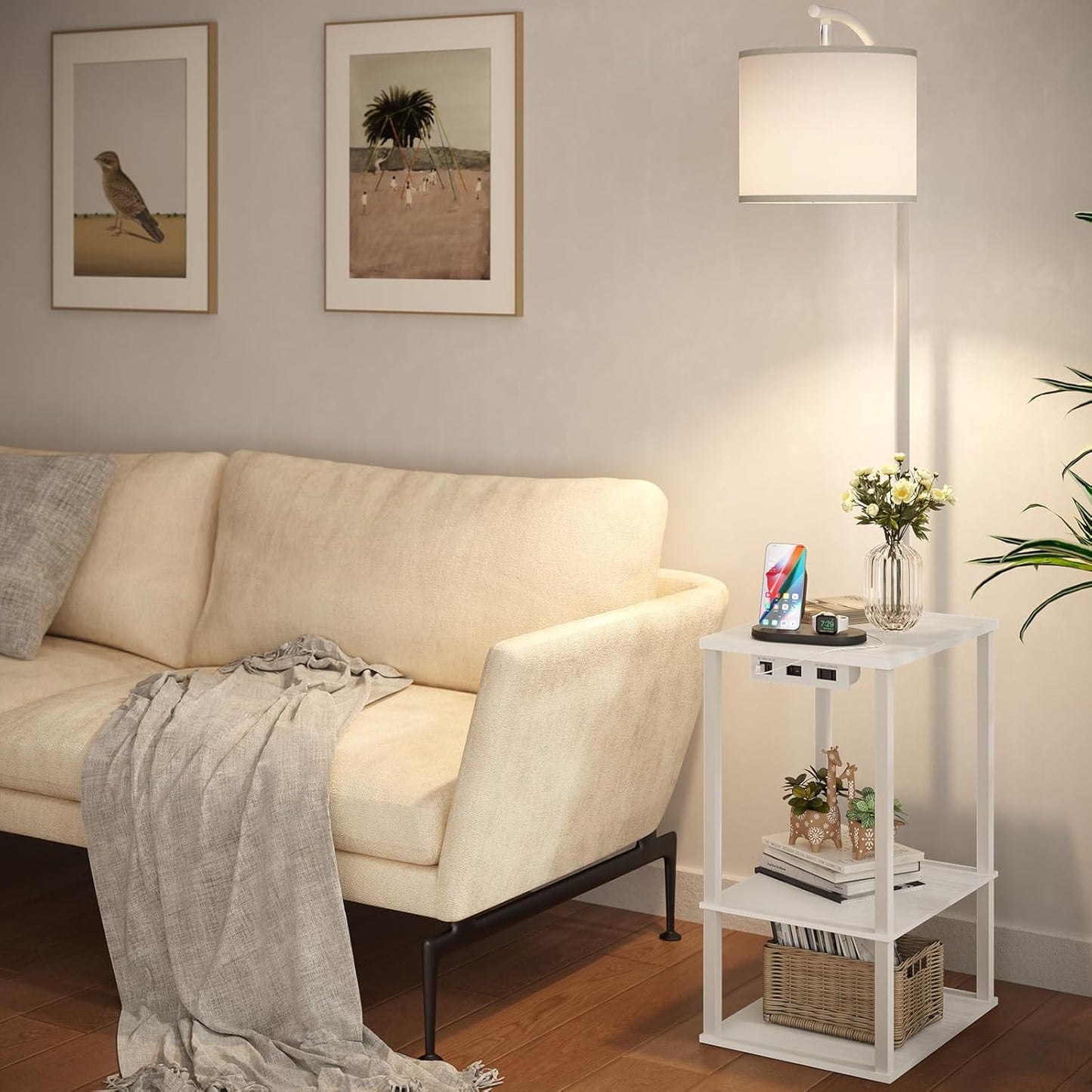 SUNMORY Floor Lamp with Table, End Table for Living Room with Lamp, Shelves Side Table with Charging Station(USB & AC Port), 3 Color Temperature LED Bulb, Modern Nightstand Lamp for Bedroom, Office