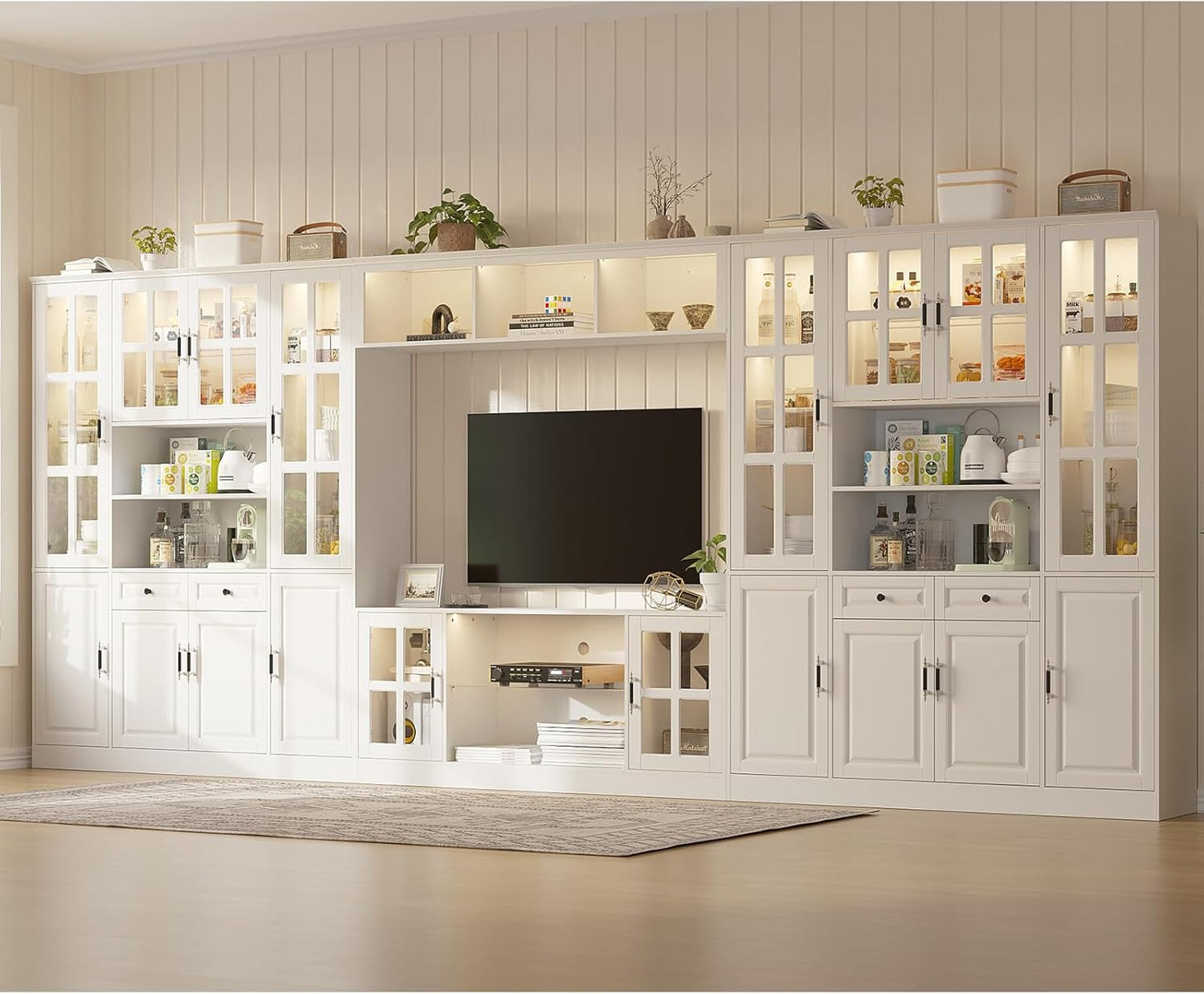 4-Piece Wall Unit TV Stand with Storage & LED Lights for TVs up to 75", Modern Entertainment Center with Bookshelves & 8-Door Pantry Cabinet, White