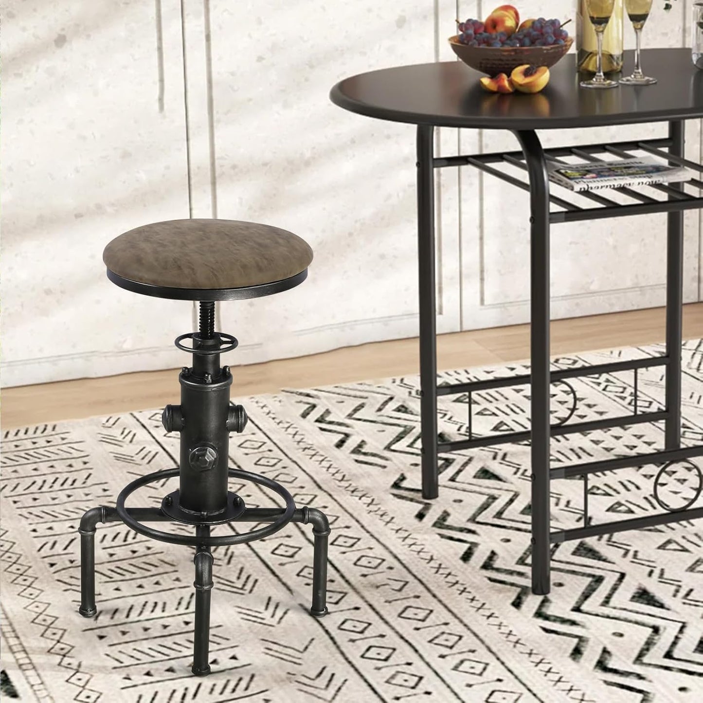 Topower Antique Vintage Industrial Barstool PU Leather Water Pipe Fire Hydrant Design Cafe Coffee Industrial Bar Stool Set of 2 Silver