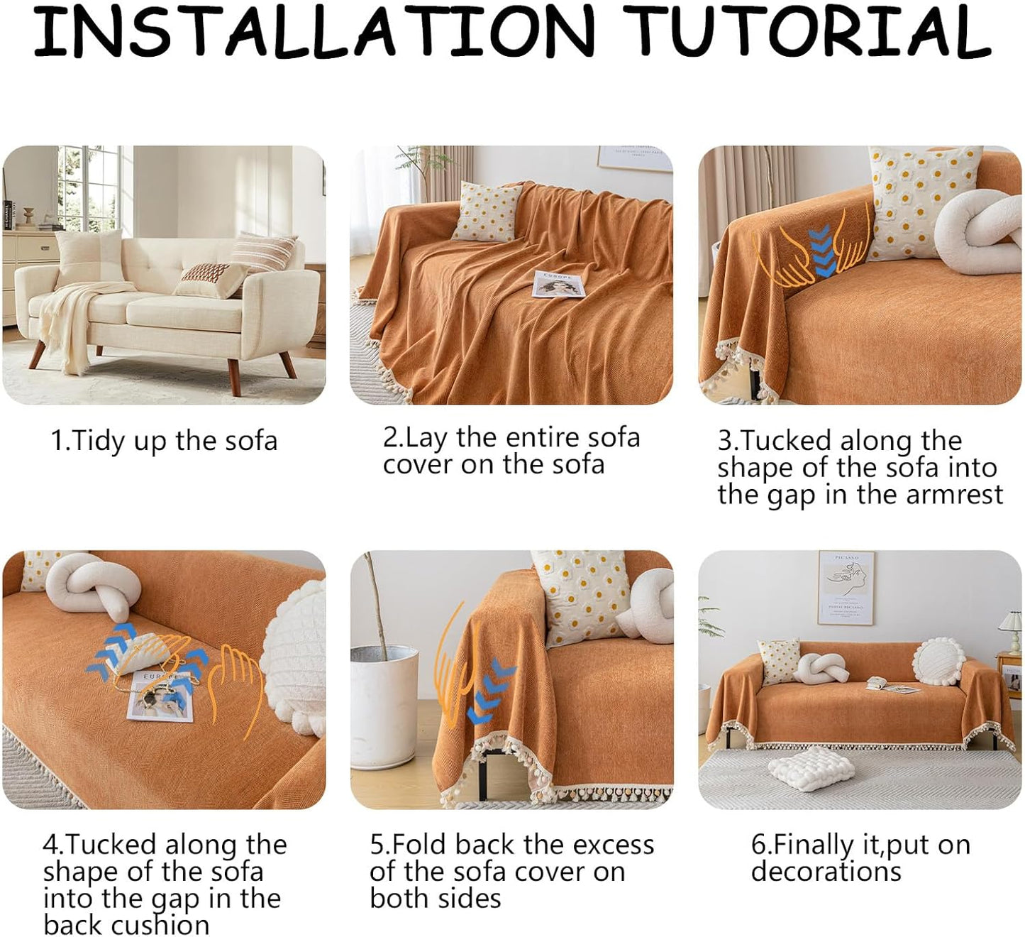 HANDONTIME Dark Orange Sofa Covers Couch Cover for Dogs Colorful Tassel Sofa Seat Cover Lovetseat Cover Pet Couch Cover Bohemian Sofa Cover for Couch Vintage Boho Couch Covers Futon Cover, 91" X118"