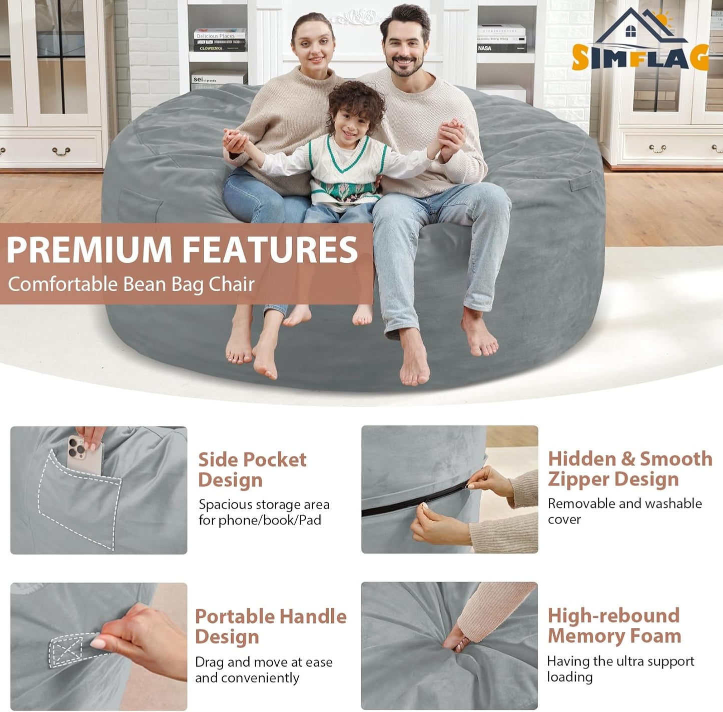 6FT Bean Bag Chair, Large Bean Bag Chairs with Memory Foam Filled, Fluffy Beanbag Sofa with Dutch Velvet Cover, Round BeanBag Chairs for Living Room, Playroom - Light Grey