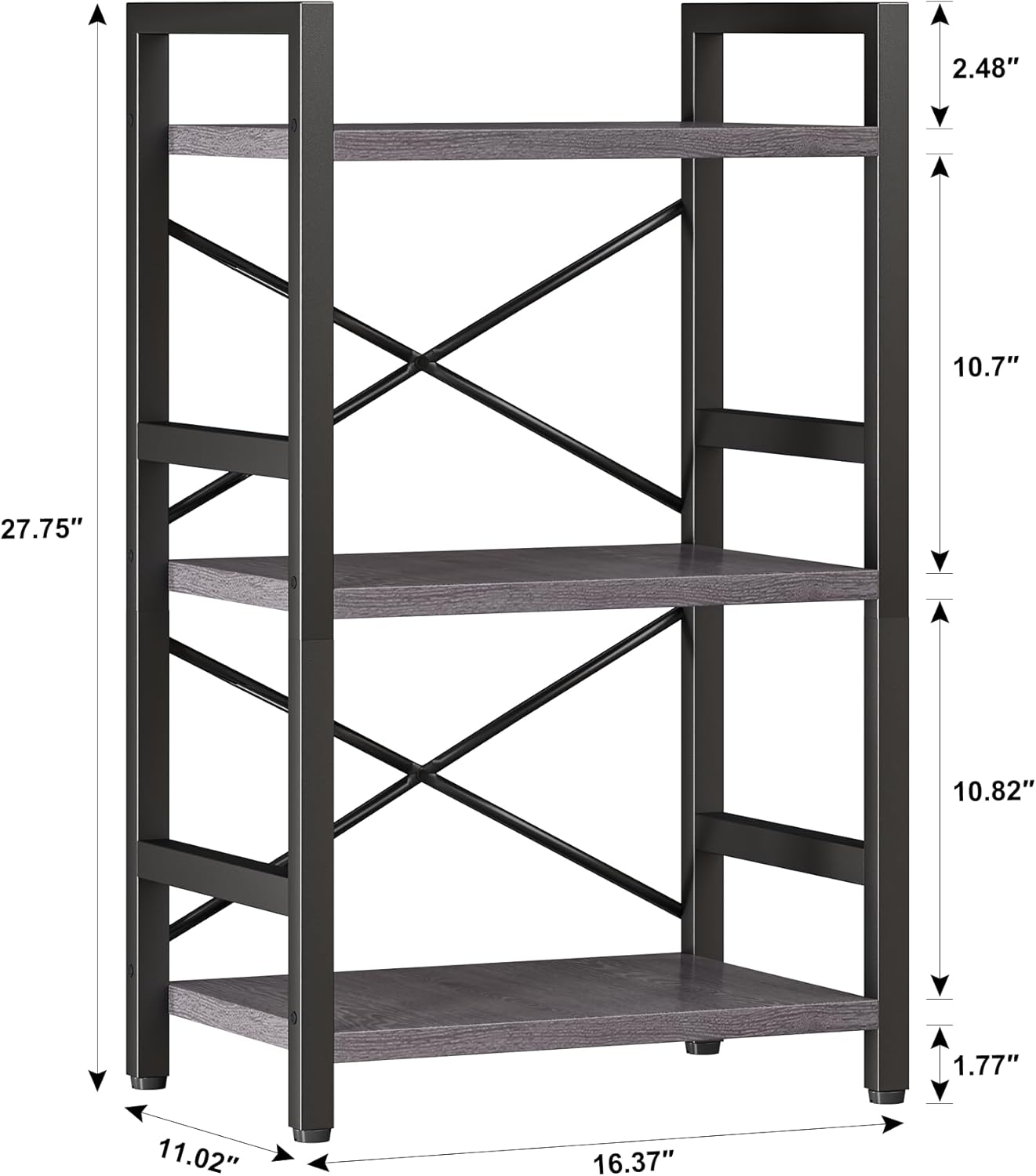 Homeiju Bookshelf, 3 Tier Industrial Bookcase, Metal Small Bookcase, Rustic Etagere Book Shelf Storage Organizer for Living Room, Bedroom, and Home Office(Grey) Patent Pending D29873033