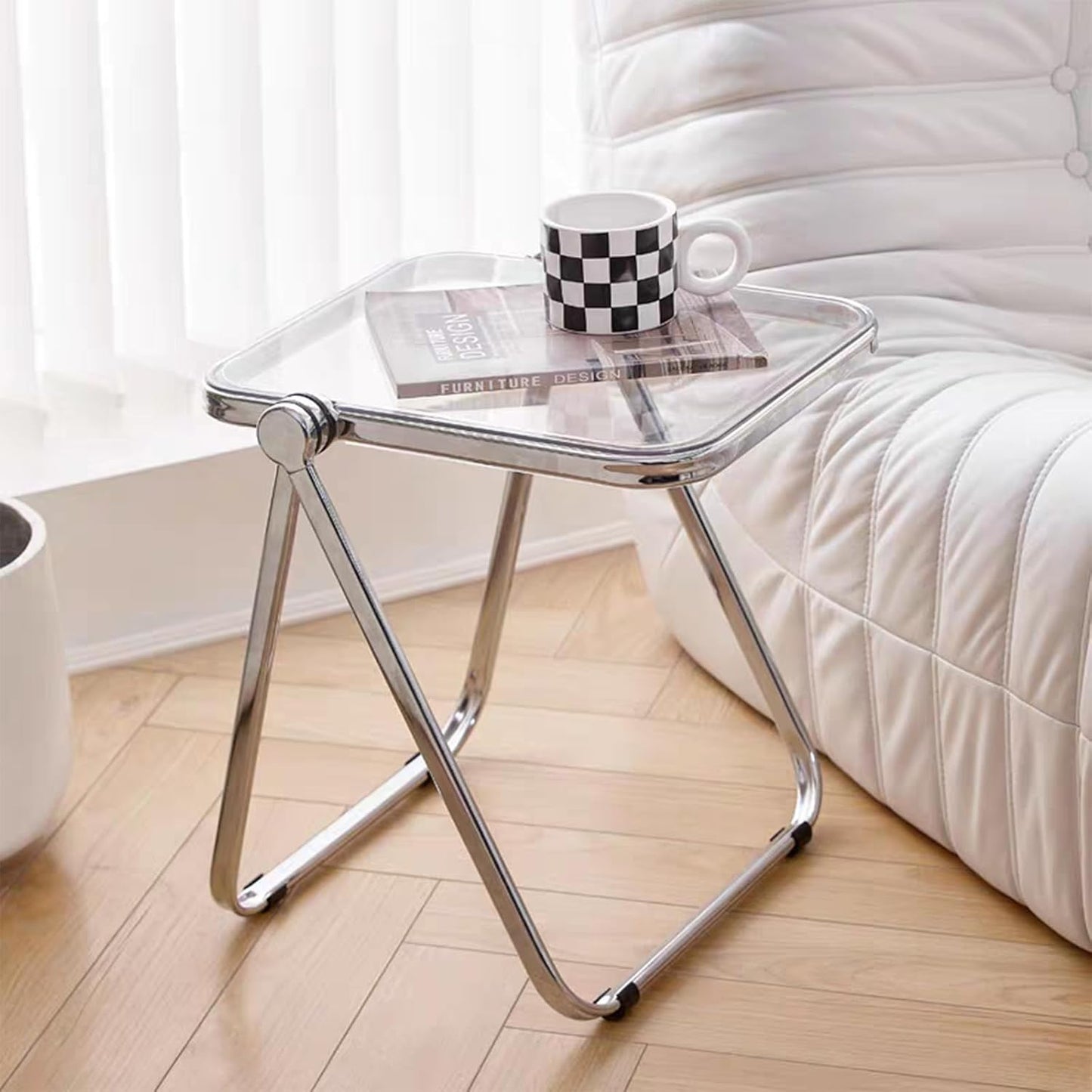 16.2" × 14.1" Acrylic Folding Table, Small Lightweight End Table for Living Room, Bedroom and Small Room, Sturdy Metal Frame with No Assembly Required, Space-Saving Storage Design (Grey)