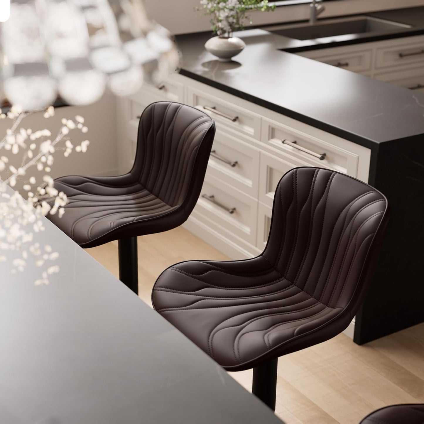 YOUNIKE Brown Bar Stools Set of 2 Modern Swivel Counter Height Bar Chair with Back Adjustable Faux Leather Padded Barstools for Kitchen Breakfast Island Metal sillas para barra de cocina