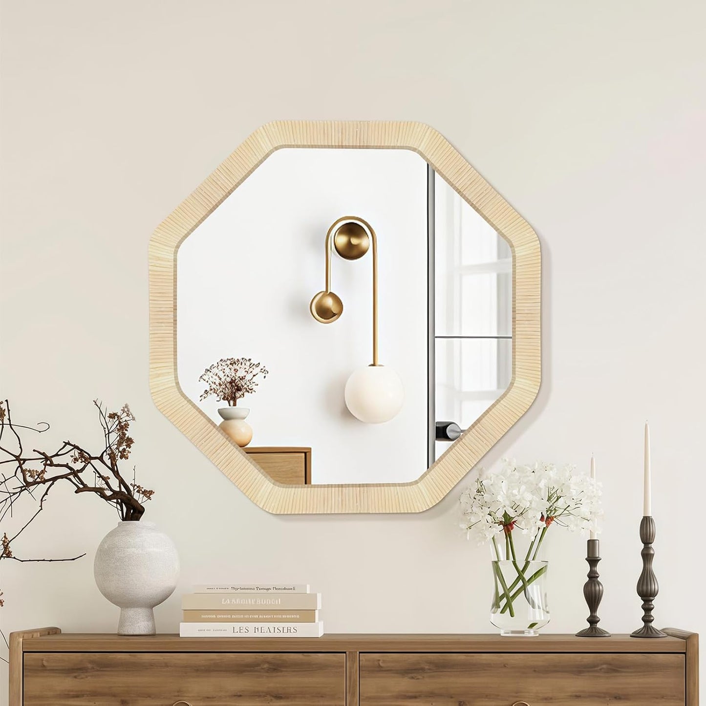 ULIKE Rattan Mirror for Wall, Bathroom 24 Inch Rustic Farmhouse Wall Decor with Handmade Wicker Frame, Boho Woven Mirror for Nursery Bedroom Living Room Entryway