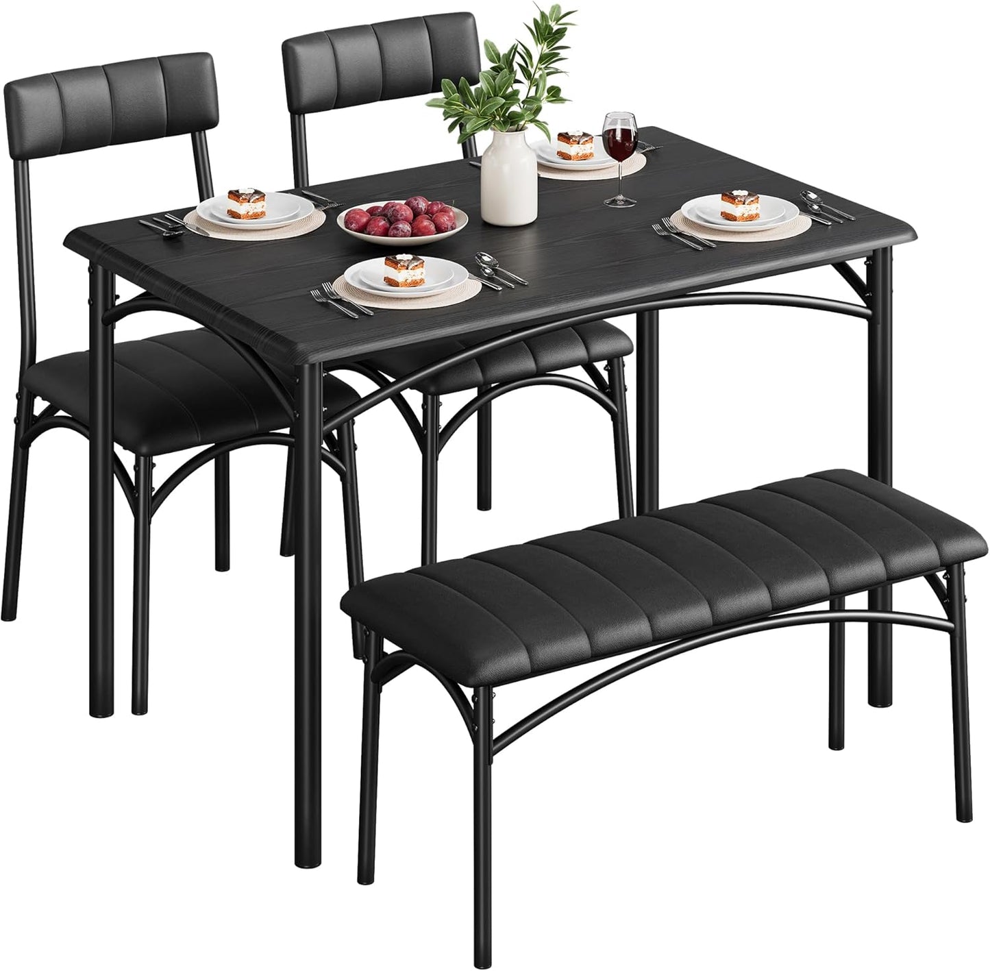 Dining Table Set for 4, Small Dining Table Set with Upholstered Bench and 2 Chairs, Kitchen Table and Chairs for 4, for Small Space, Apartment, Dinner, Rustic Black