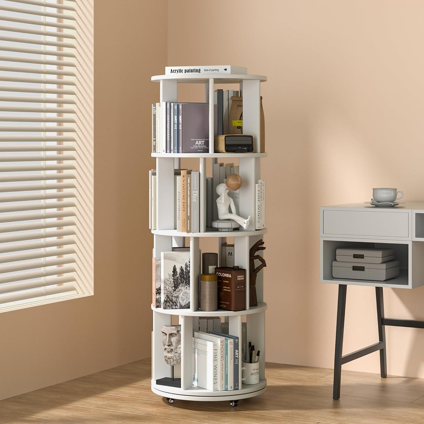 4 Tier Rotating Bookshelf Tower, 360 Spinning Bookcase Carousel with Lockable Wheels, Round Lazy Susan Organizer for Corner Bookshelf, Solid Wood Revolving Bookcase for Kids Room, Bedroom, Living Room