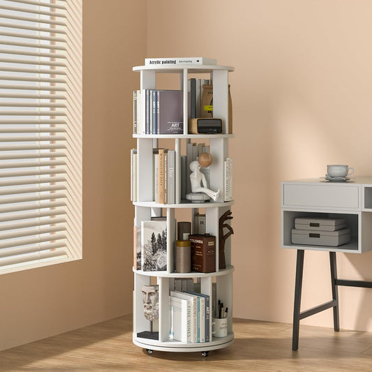 4 Tier Rotating Bookshelf Tower, 360 Spinning Bookcase Carousel with Lockable Wheels, Round Lazy Susan Organizer for Corner Bookshelf, Solid Wood Revolving Bookcase for Kids Room, Bedroom, Living Room
