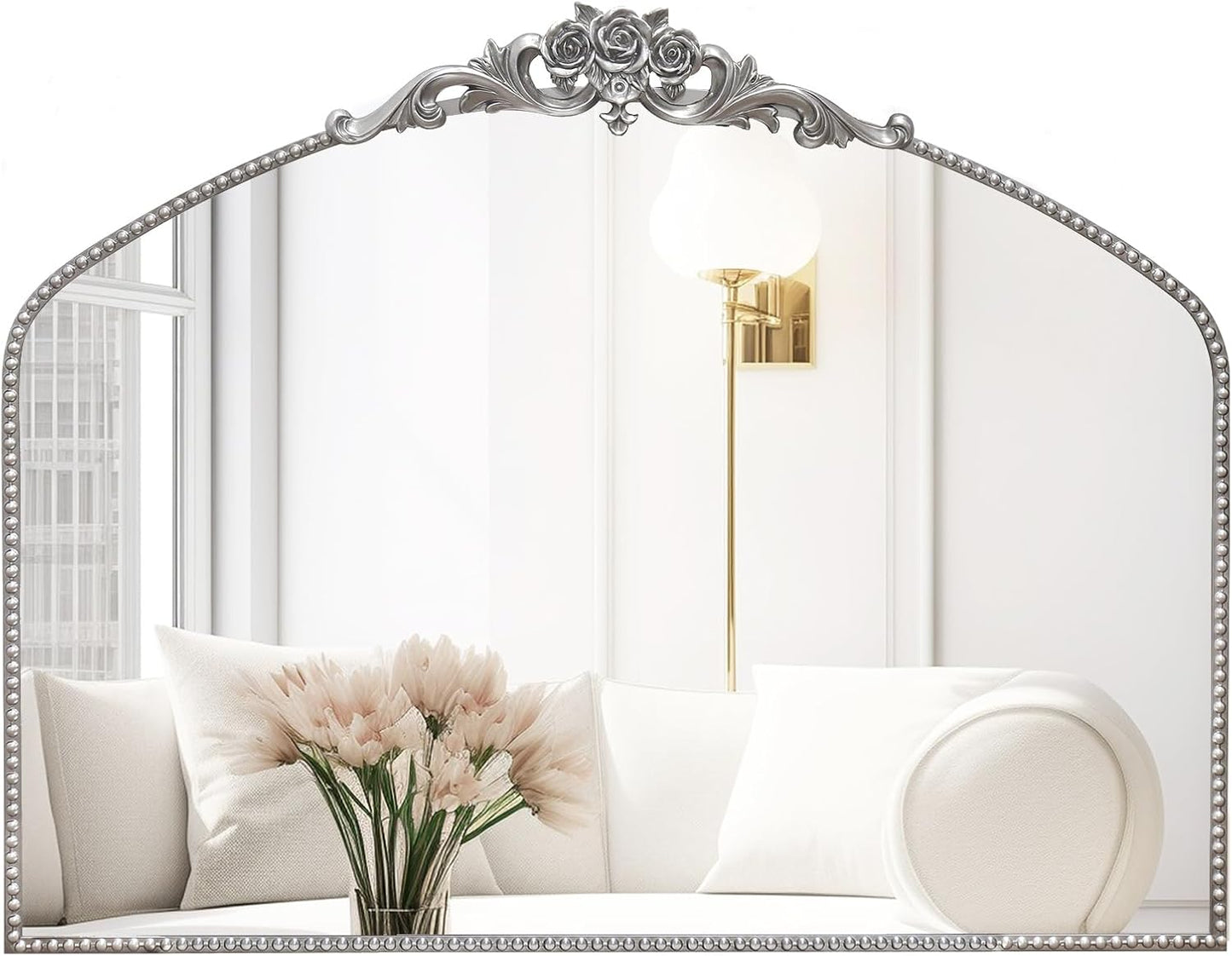 AIXI HOME Silver Arched Mirror, 40" x 30" Traditional Vintage Antique Mantel Mirror with Ornate Metal Frame, Baroque Wall Mounted Mirror for Entryway/Fireplace/Hallway/Bathroom/Living Room/Bedroom