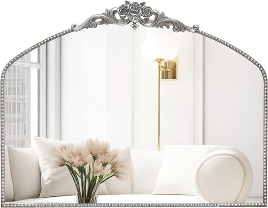 AIXI HOME Silver Arched Mirror, 40" x 30" Traditional Vintage Antique Mantel Mirror with Ornate Metal Frame, Baroque Wall Mounted Mirror for Entryway/Fireplace/Hallway/Bathroom/Living Room/Bedroom