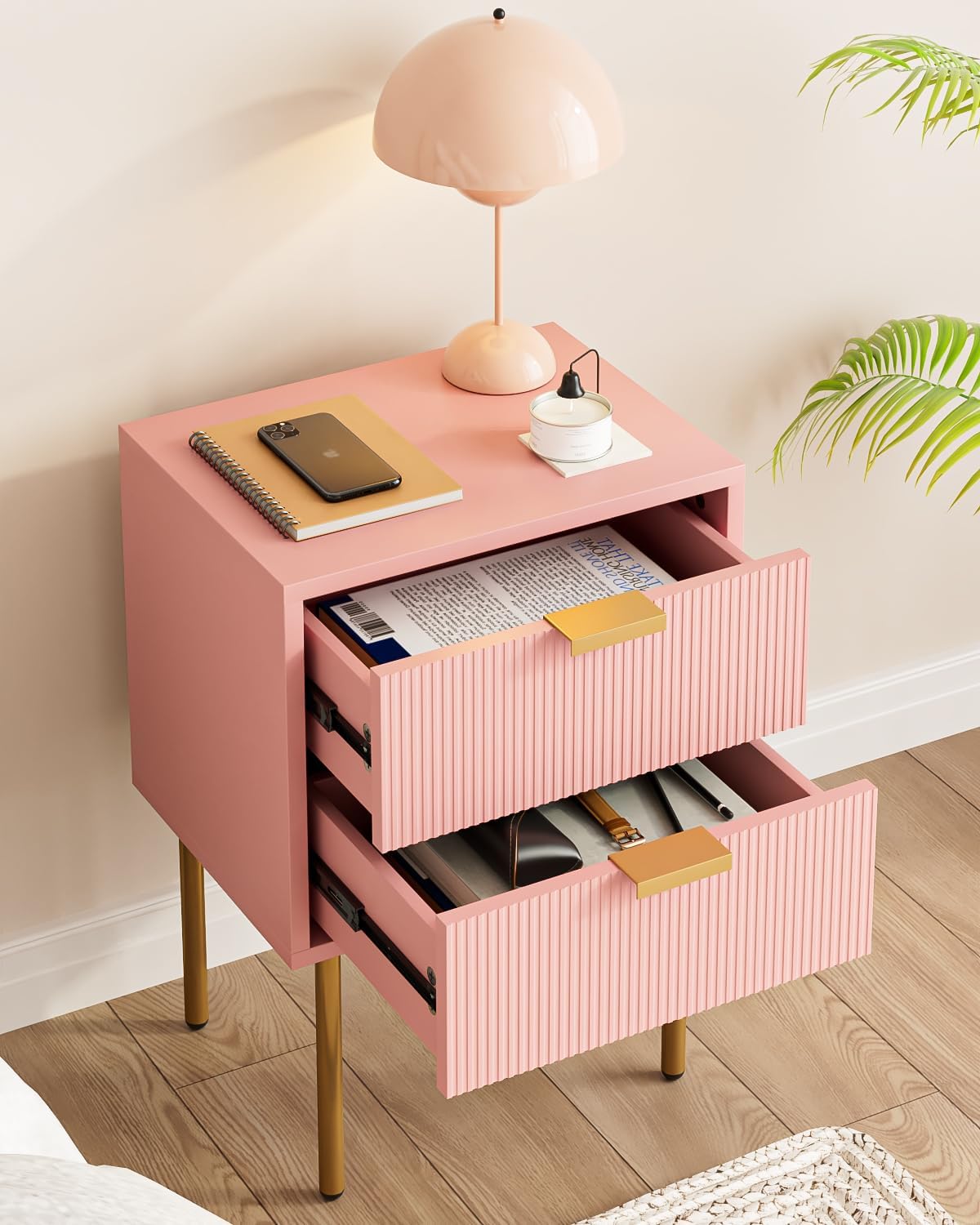 Nightstand,Morden Bedside Table with Gold Frame,Small White Night Stand,End Table,Bedside Furniture,Side Table with Drawer and Shelf for Bedroom,Living Room (2Drawers, Pink)