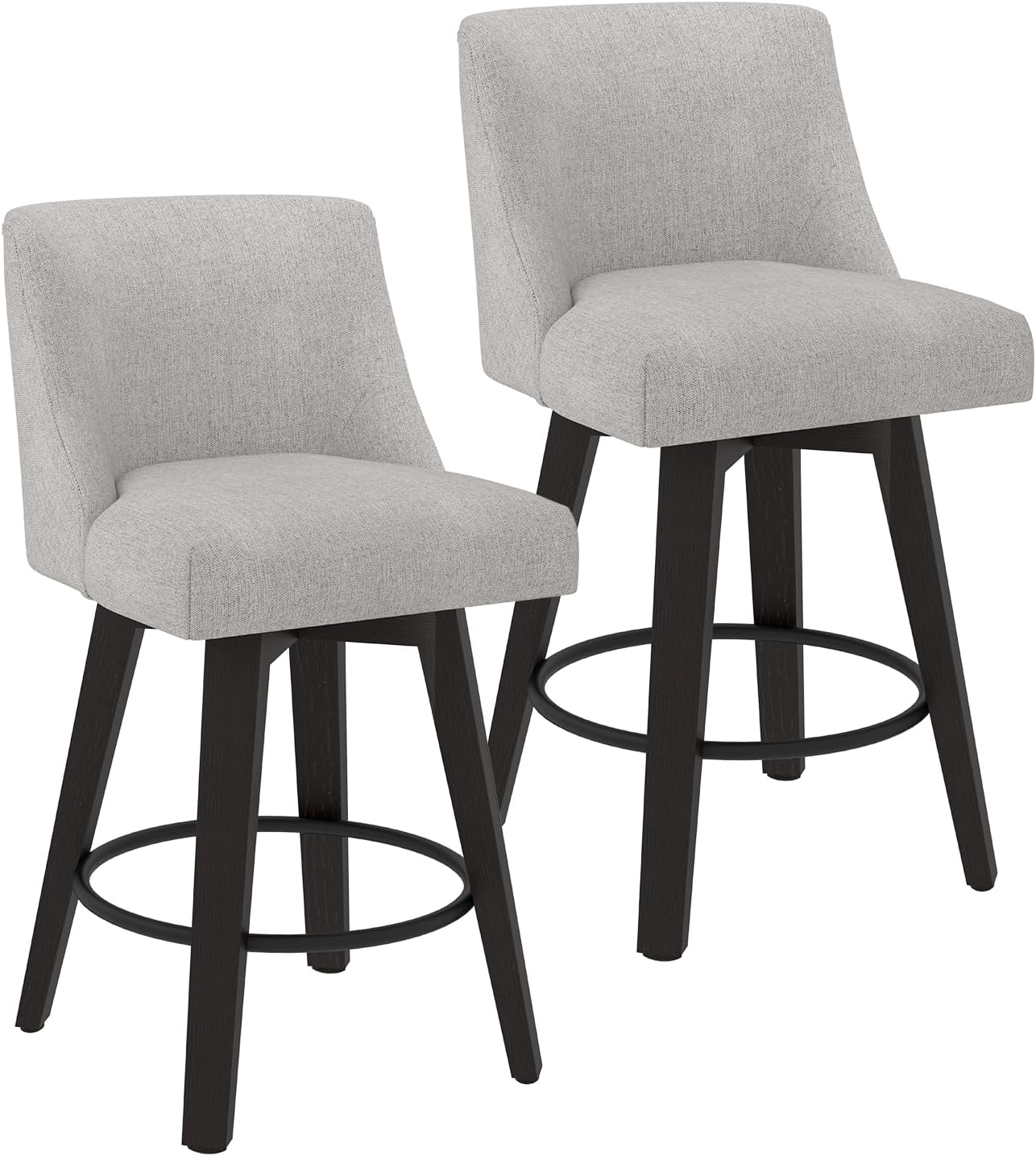 Counter Height Swivel Bar Stools Set of 2, 26 Inch Bar Stools with Footrest, Linen Fabric Upholstered Barstools with Back and Solid Wood Legs for Kitchen Island, Dining Room,Pub,Light Grey
