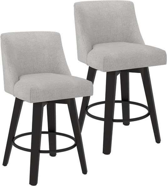 Counter Height Swivel Bar Stools Set of 2, 26 Inch Bar Stools with Footrest, Linen Fabric Upholstered Barstools with Back and Solid Wood Legs for Kitchen Island, Dining Room,Pub,Light Grey