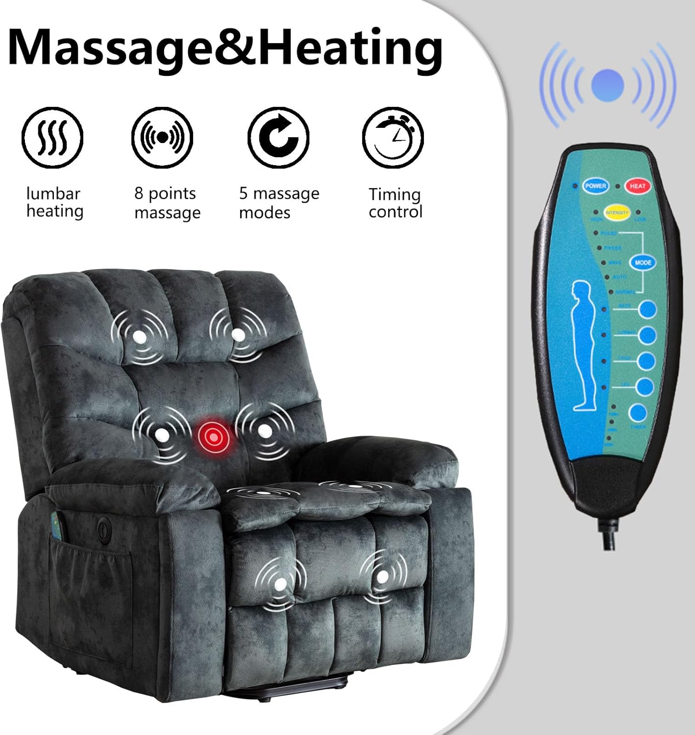 Phoenix Home Large Power Lift Recliner with Massage and Heat for Elderly, Heavy Duty & Safety Motion Reclining Mechanism, Ergonomic Electric Wider Chair with USB Port, 2 Hidden Cup Holders, Gray Green