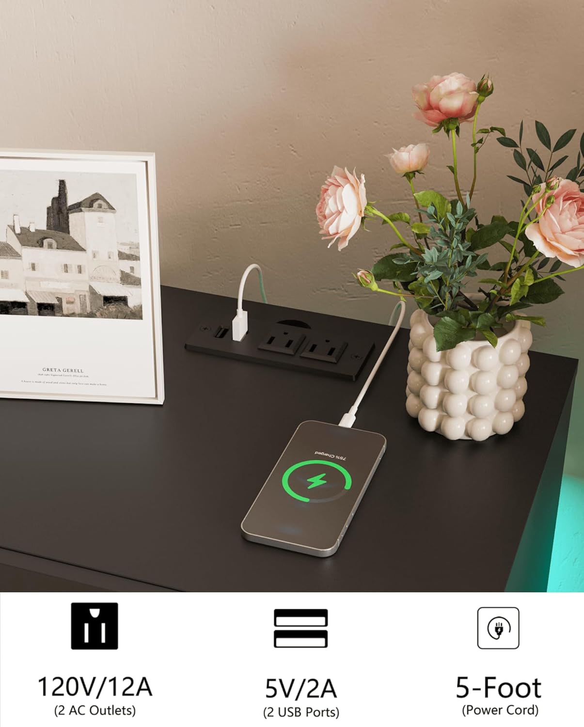 Black Nightstand with Charging Station and LED Lights,Modern Bedside Table with 2 Storage Drawer,Night Stand with Solid Wood Legs,White (Black-2)