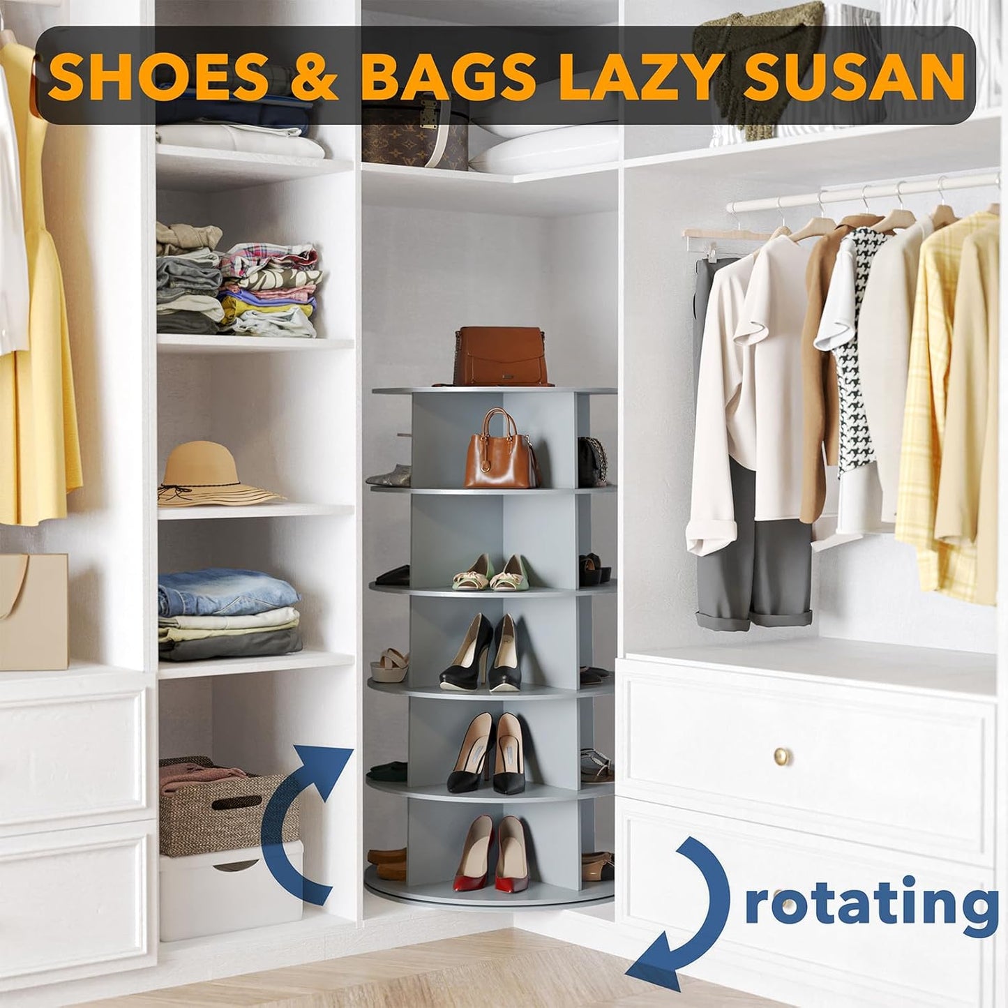 SpaceAid 5 Tier Rotating Shoe Rack Tower, Spinning Shoe Display Lazy Susan, Revolving 360 Shoe Rack Storage Round Carousel, Vertical Handbag Rotate Shoes Closet Organization (5-Tier Gray)