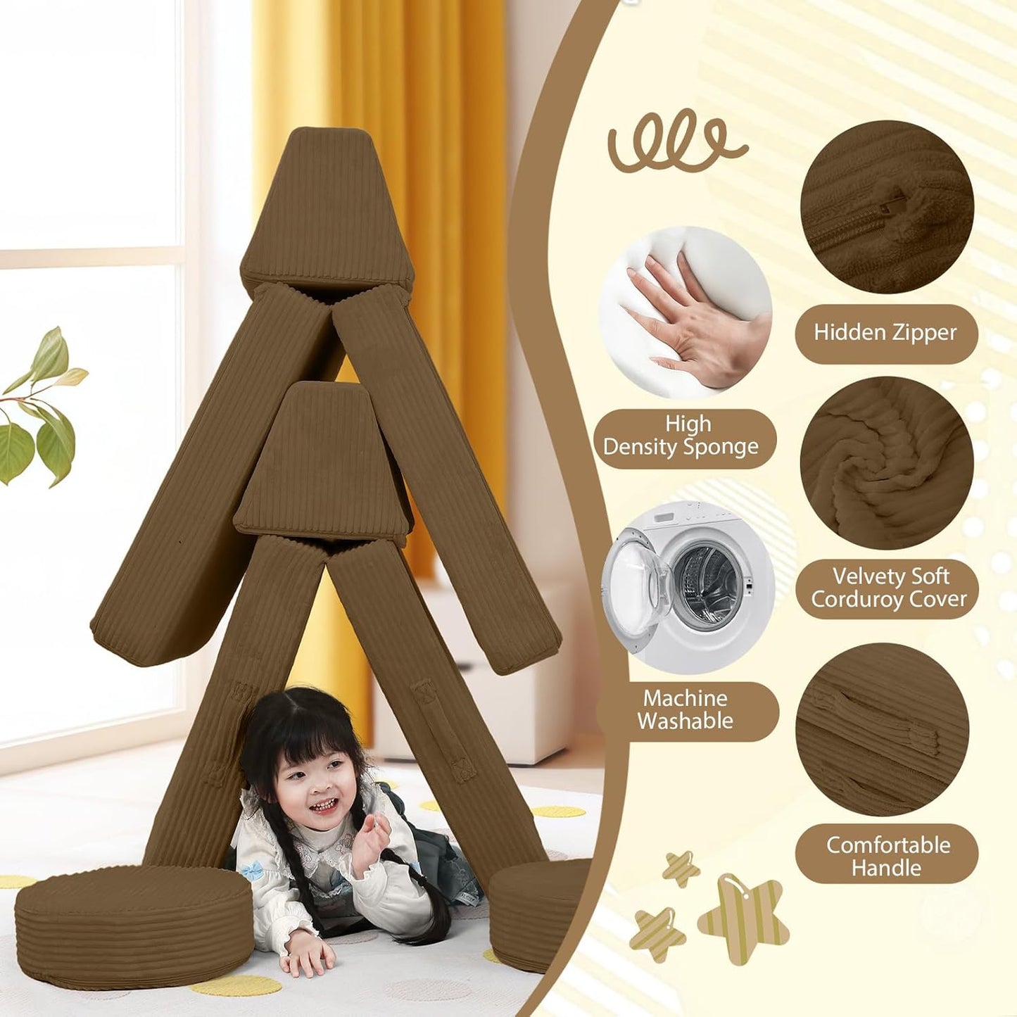 MeMoreCool Kids Couch for Playroom, Corduroy Convertible Toddler Couch, 8 Piece Modular Play Sofa, Foam Fort Building Set for Child Room Furniture, Brown