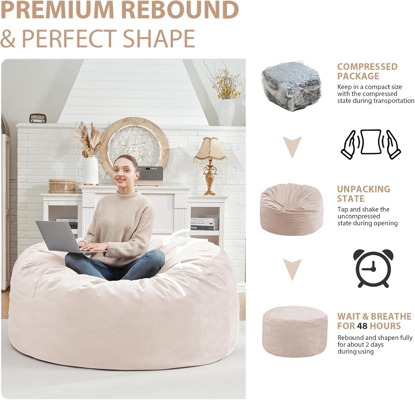 4FT Bean Bag Chair, Large Bean Bag Chairs with Memory Foam Filled, Fluffy Beanbag Sofa with Dutch Velvet Cover, Round BeanBag Chairs for Living Room, Playroom - Beige