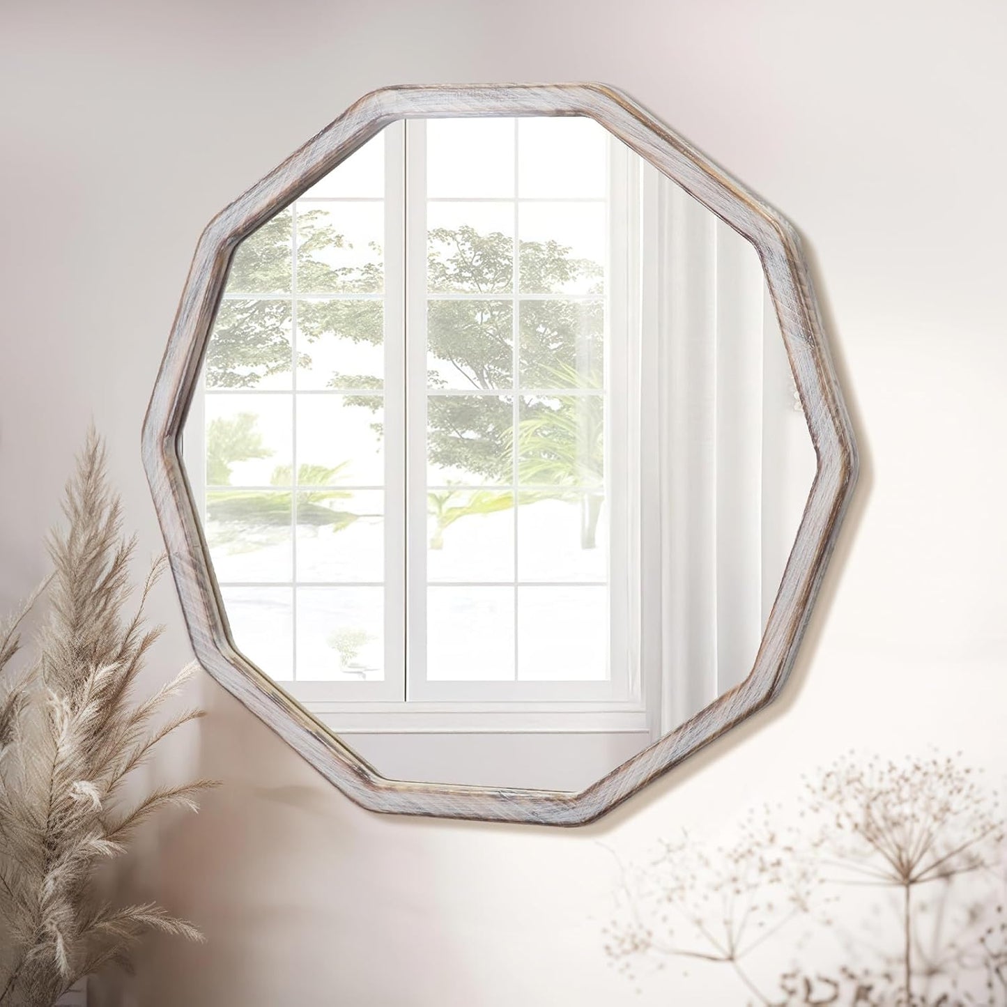 ULIKE White Wood Mirror for Wall, 24 Inch Rustic Farmhouse Mirror with Wood Frame, Decorative Wall Mounted Vanity Mirrors for Bathroom Bedroom Living Room Entryway