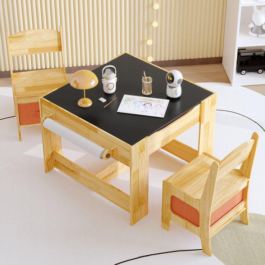 Pinewood Kids Table and Chair Set, 3 in 1 Toddlers Wooden Art Activity Table Desk with Chairs and Storage, Children Removable Tabletop, Blackboard, Natural
