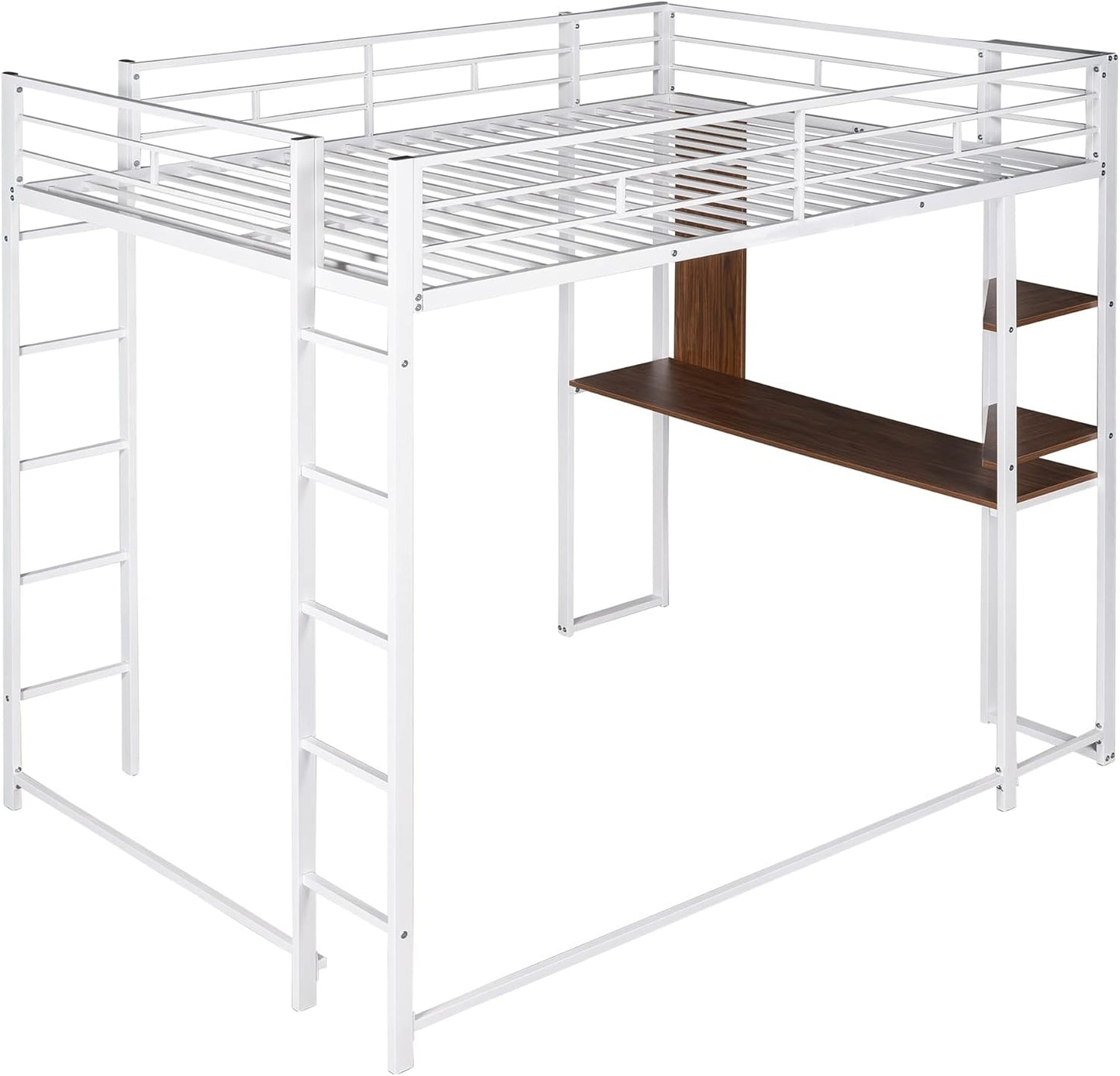 Full Size Metal Loft Bed with 2 Storage Shelves and 1 Desk,Steel Structure Bed Frame W/ 2 Build-in Ladders & Full-Length Guardrails,No Box Spring Needed,for Kids Teens Adults,White