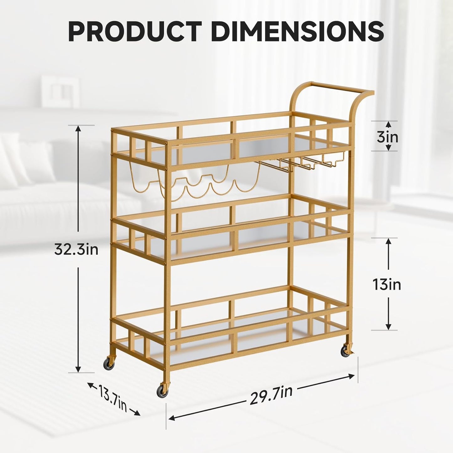 TONGMO Gold Bar Carts with 3 Tier Mirror Shelves, Home Bar Cart with Wine Rack and Glass Holder, Perfect for Indoor and Outdoor Use, Stylish and Functional Kitchen and Entertainment Space Addition