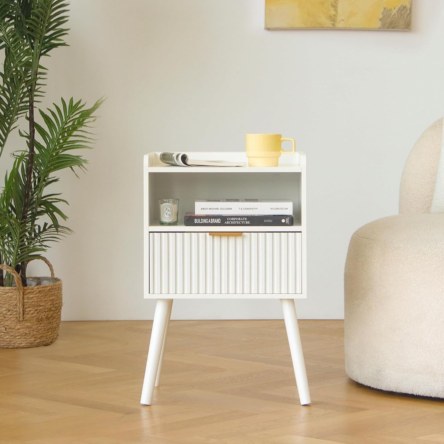 AWASEN White Nightstand, Modern Bedside Table with Fluted Drawers, Small Night Stand Bed Side Table with Solid Wood for Living Room, Bedroom, Office and Small Space (White)