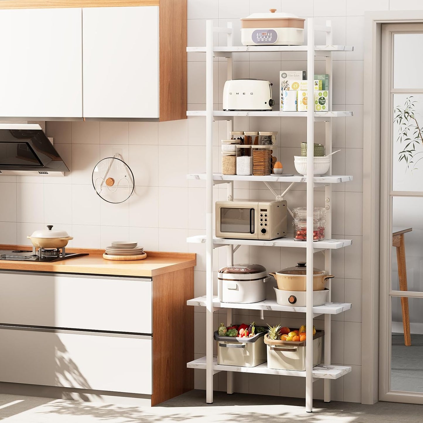 Bookshelf 6 Tiers White Wooden Storage Shelf,Modern Open Display Storage Bookcase Book Organizer,Metal Bookshelf Standing Storage Shelf Tall Shelving Units for Home Office Study