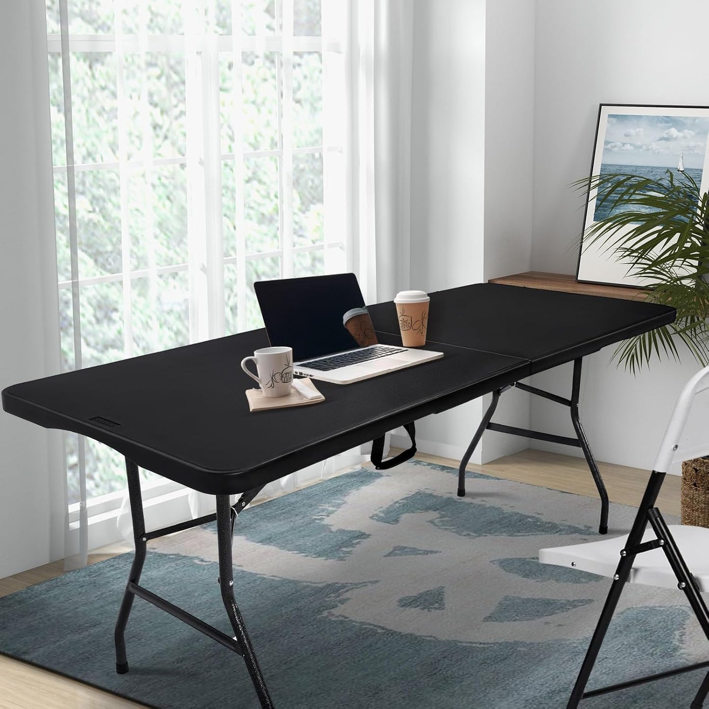 Folding Table 6FT HDPE 6 Foot Foldable Table Portable Banquet Surface Fold-in-Half Desk Utility for Working Meeting Parties, Picnic, Camping, Weddings, Catering, Garden Dining-Black