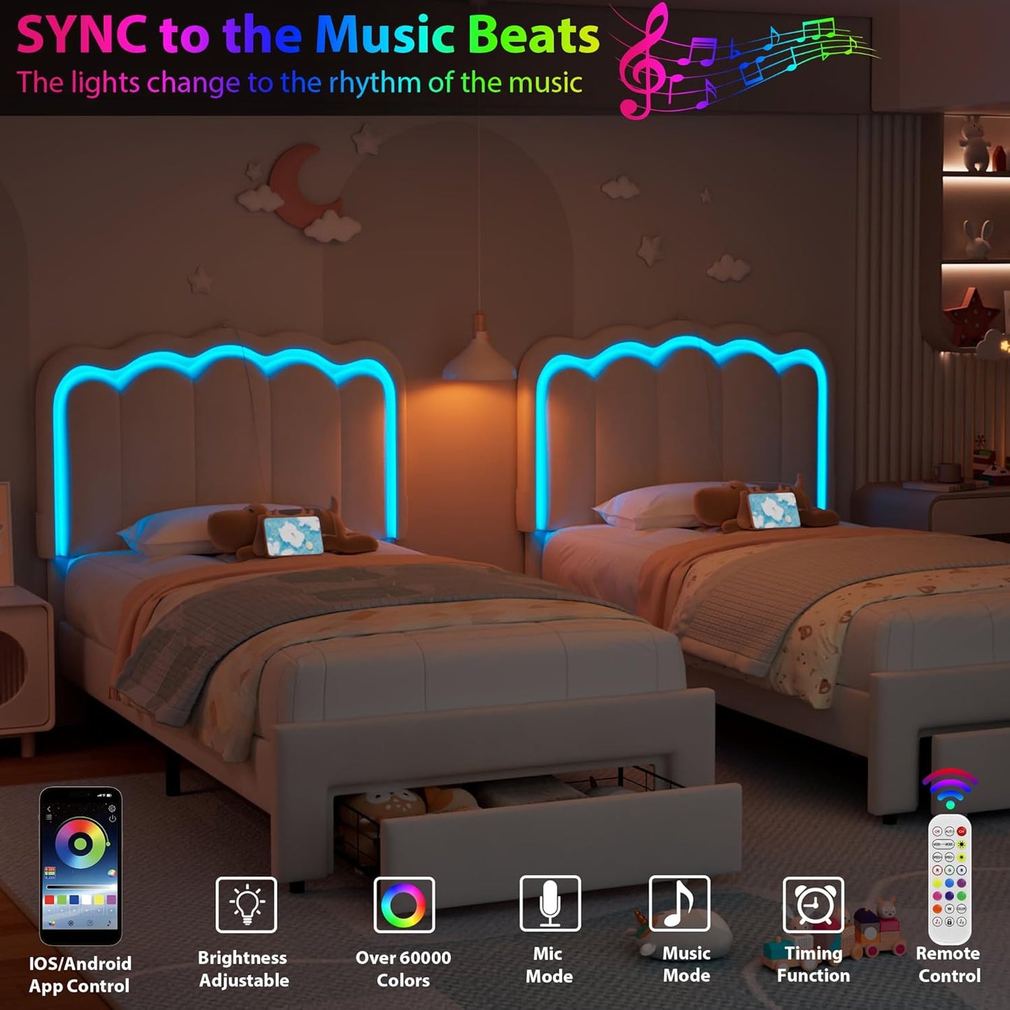 Twin Upholstered LED Bed Frame with Storage Drawer and Adjustable Chic Double Wavy Headboard, Velvet Prince Platform Bed for Boys/Kids, Solid Wood Slats Support, No Box Spring Needed, Grey