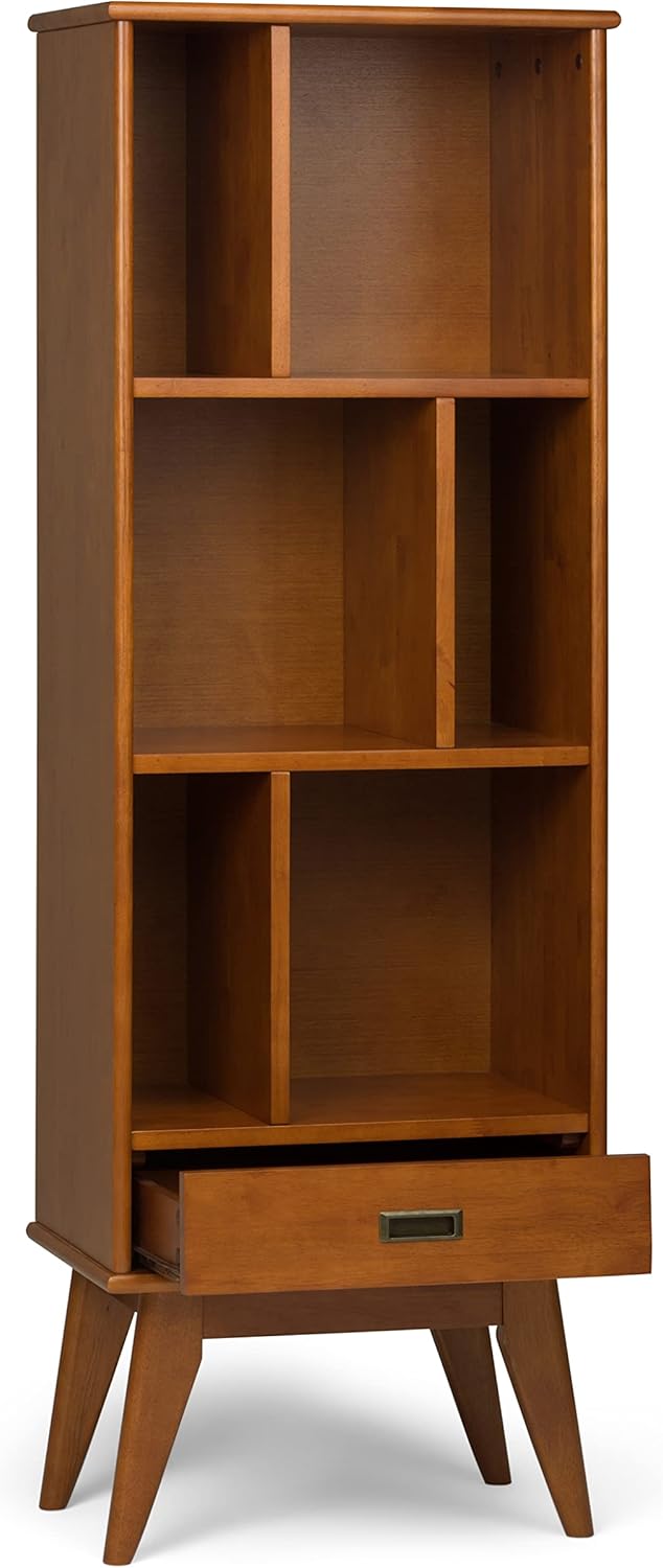 SIMPLIHOME Draper Bookcase - 64 inch Tall Solid Hardwood Storage Bookshelf in Teak Brown, Mid-Century Modern Storage for Living Room, Study Room or Office with Adjustable Shelves and Angled Legs
