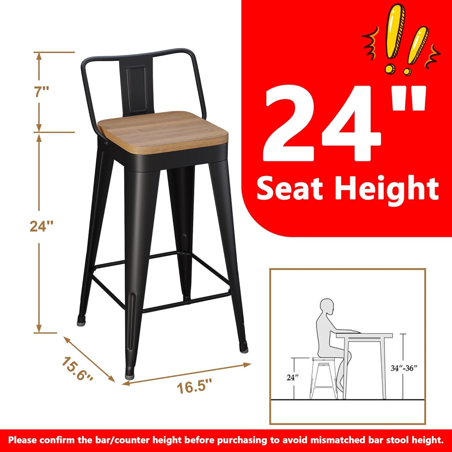 WENTMENT Metal Bar Stools Set of 2 Counter Height Barstools with Removable Back 24" Kitchen Bar Stools with Wooden Seat, Black