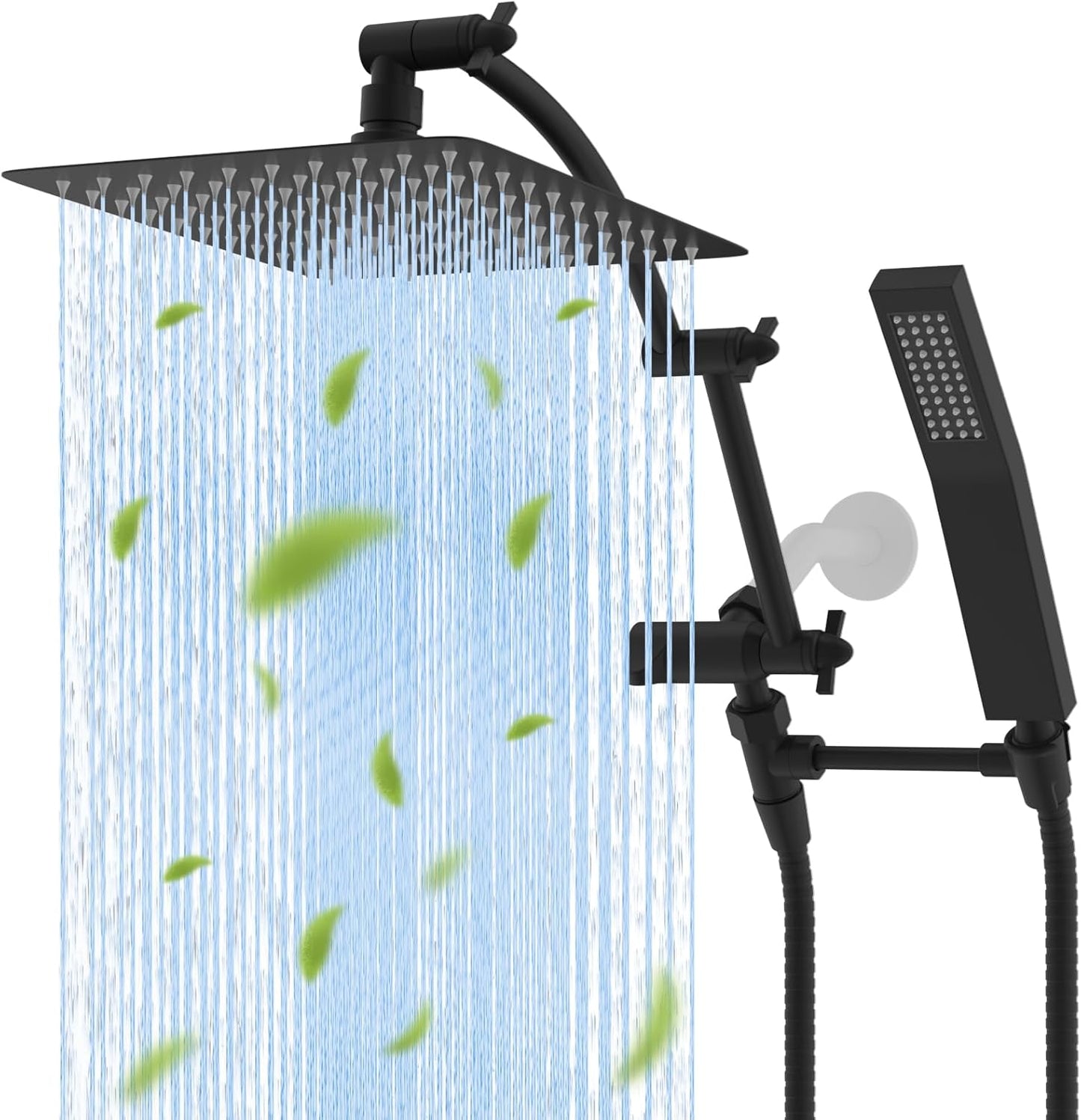 Hibbent All Metal 10'' Rainfall Shower Head, Dual Shower Head Combo, High Pressure Handheld Shower Wand, 16'' Adjustable Arc-shaped Shower Extension Arm, 71'' Hose, Showerhead Holder, Matte Black